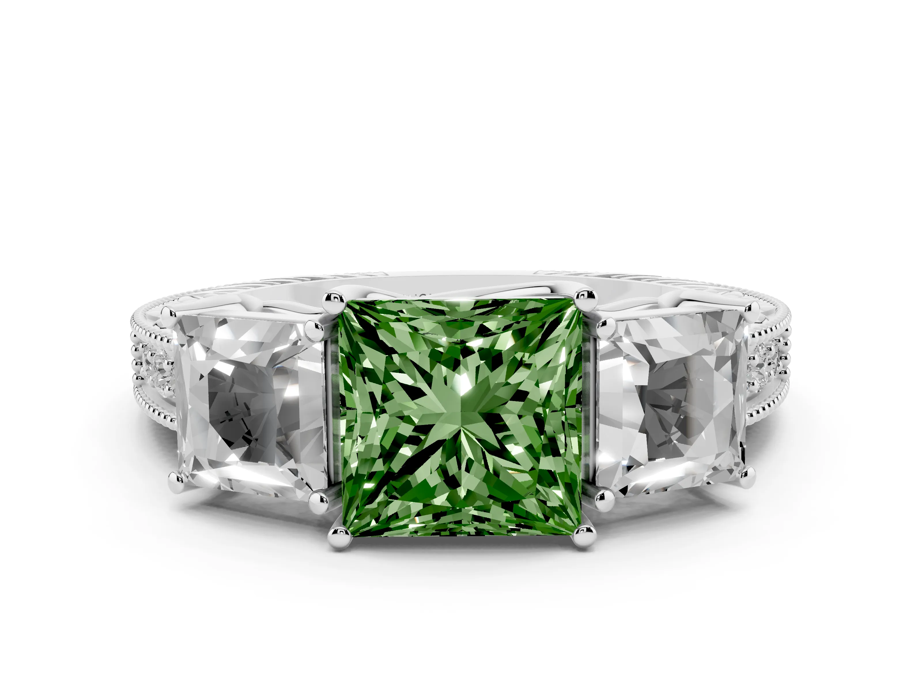 Fancy Green Princess Cut Diamond Three-Stone Engagement Ring Set in White gold with Milgrain Pavé Band