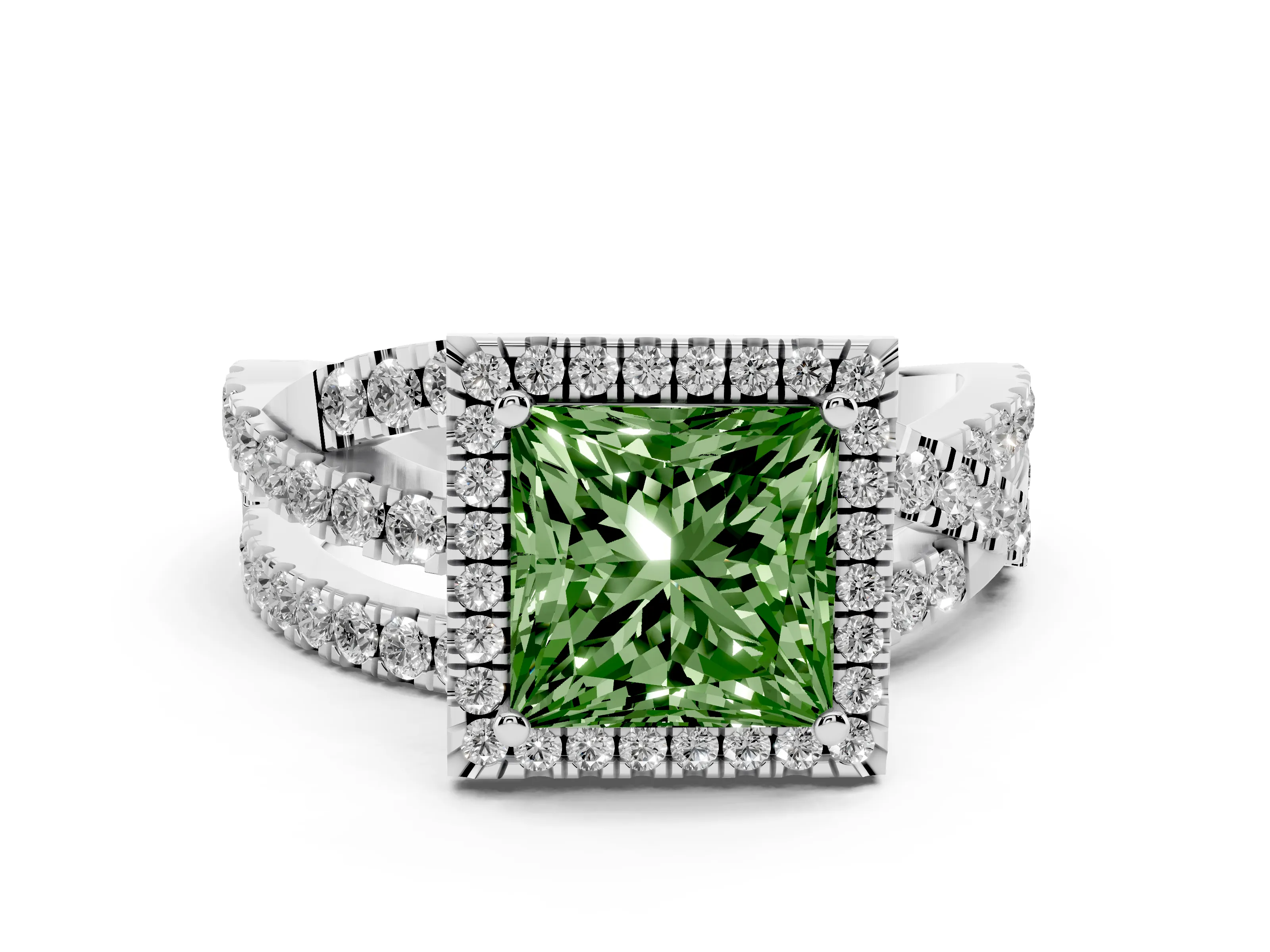 Fancy Green Princess Cut Diamond Halo Ring Set in Platinum with Round Crossover Split Shank and Prong Setting