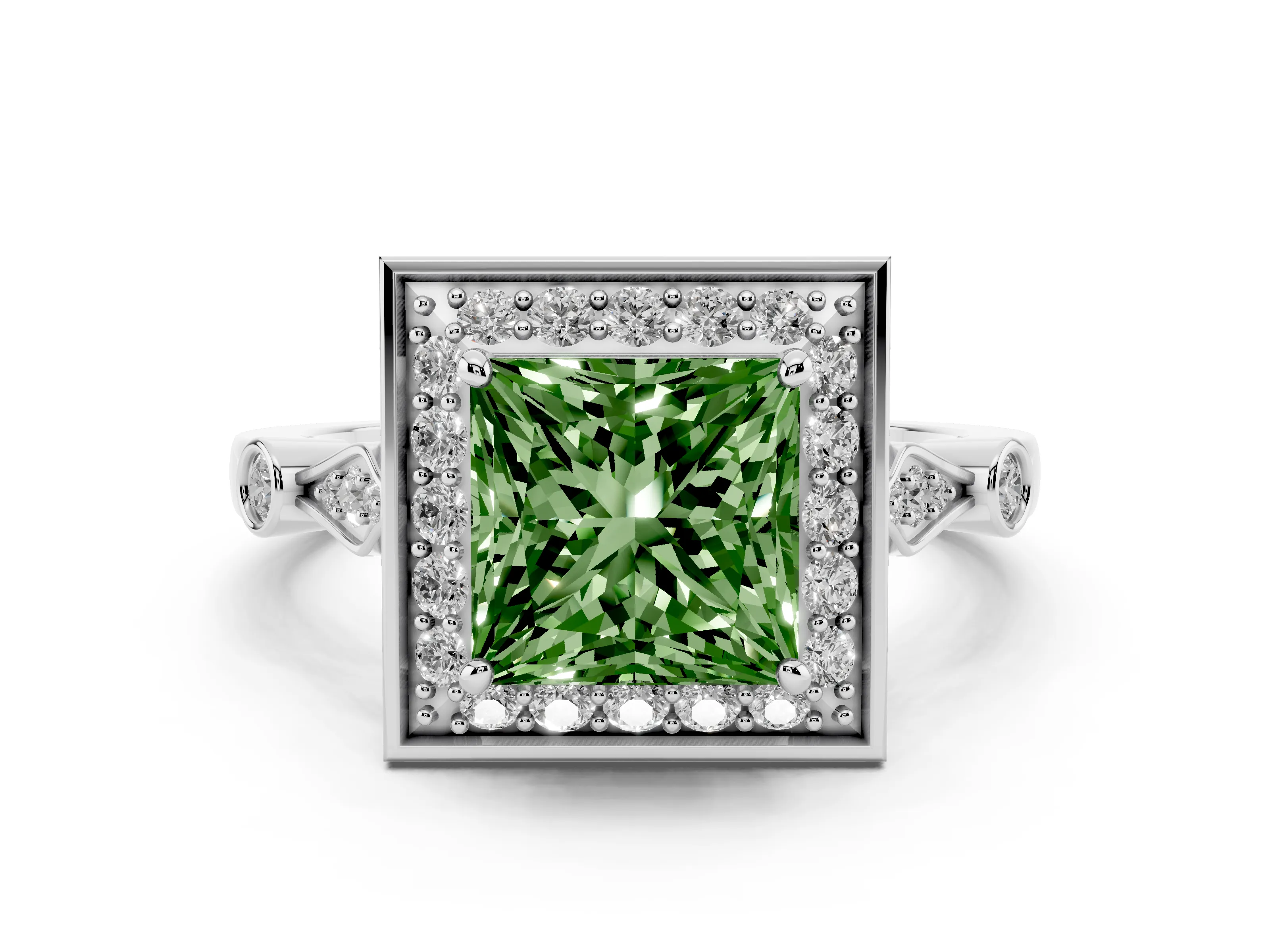Fancy Green Princess Cut Diamond Halo Engagement Ring Set in Platinum with Twisted Band and Prong Setting