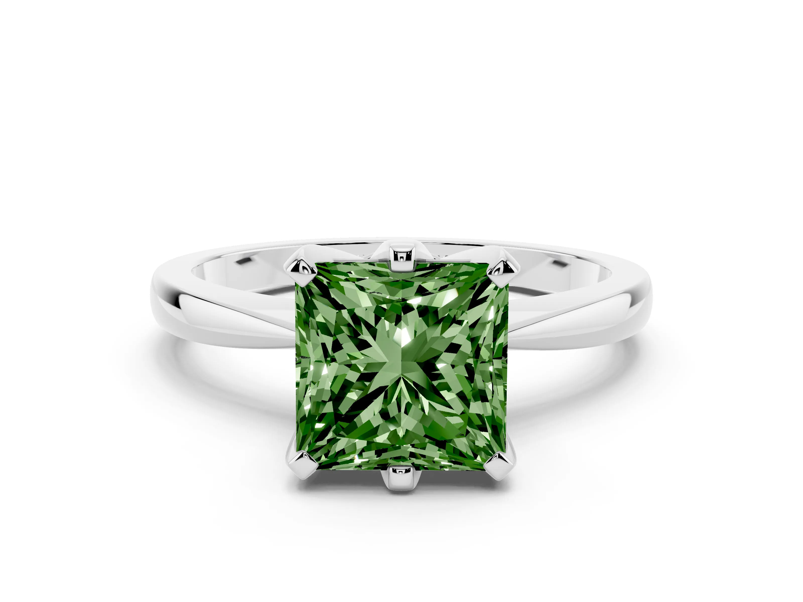 Fancy Green Princess Cut Diamond Solitaire Engagement Ring Set in White gold with Slim Tapered Solitaire Band