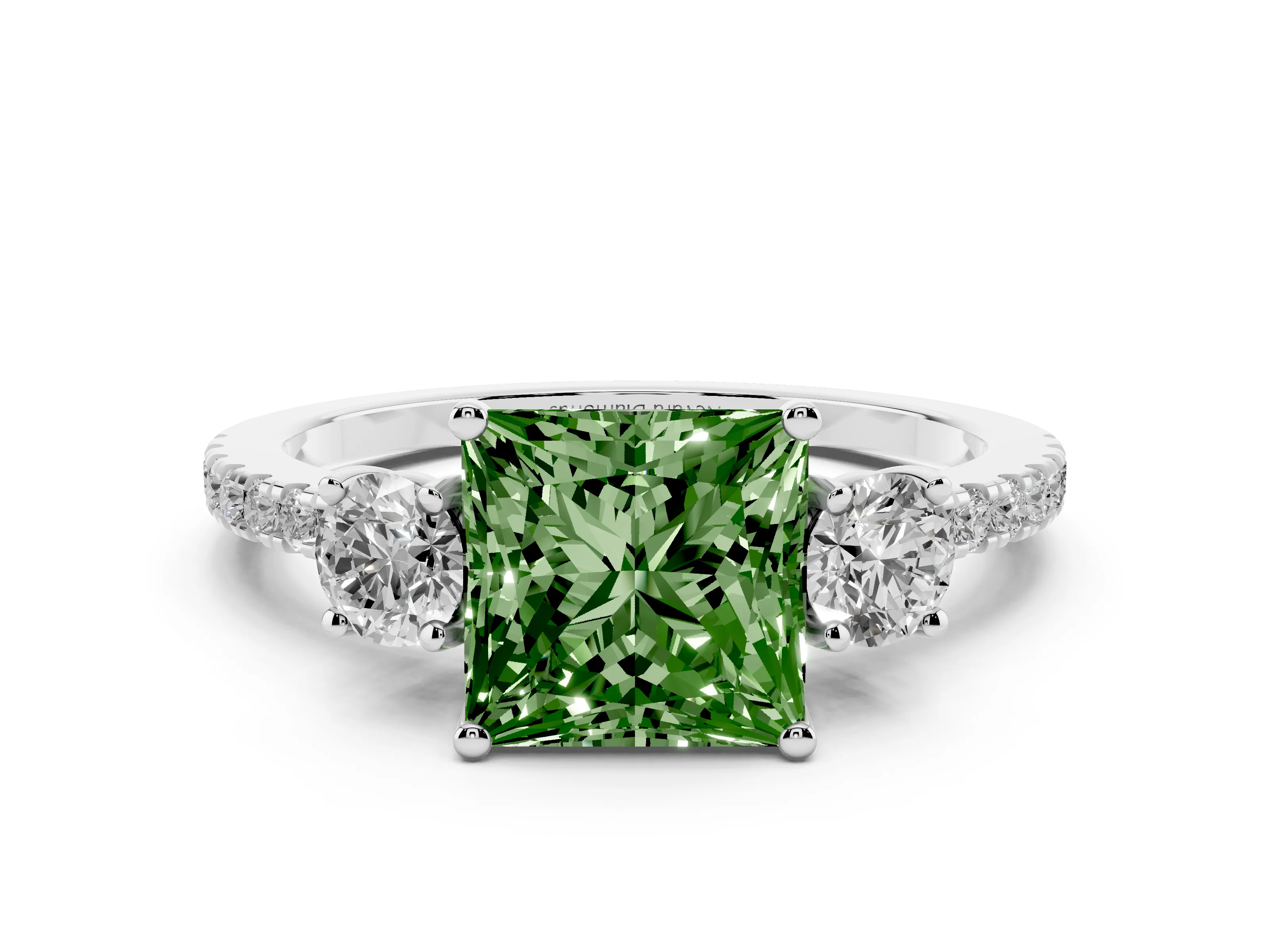 Fancy Green Princess Cut Diamond Three-Stone Ring Set in White gold with Pavé Band and Graduated Sides
