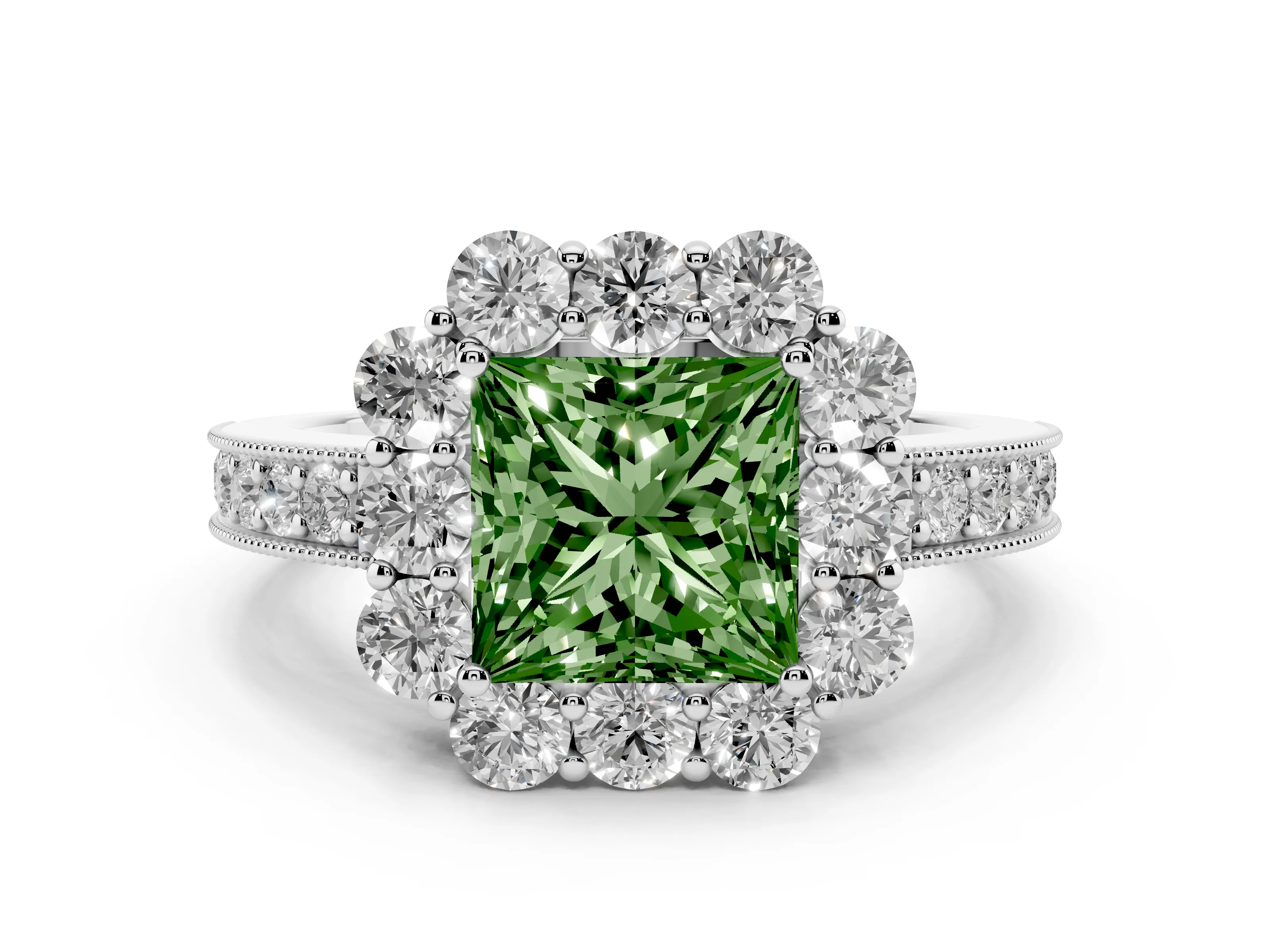 Fancy Green Princess Cut Diamond Halo Pavé Engagement Ring Set in White gold with Milgrain Detailing