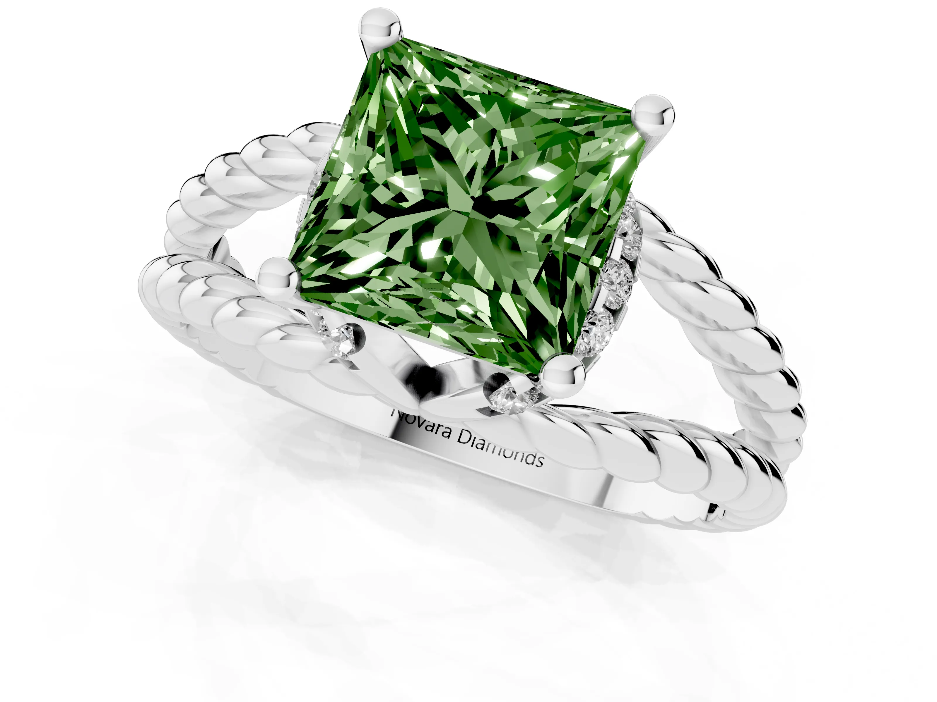 Fancy Green Princess Cut Diamond Halo Ring Set in White gold with Twisted Band and Prong Setting