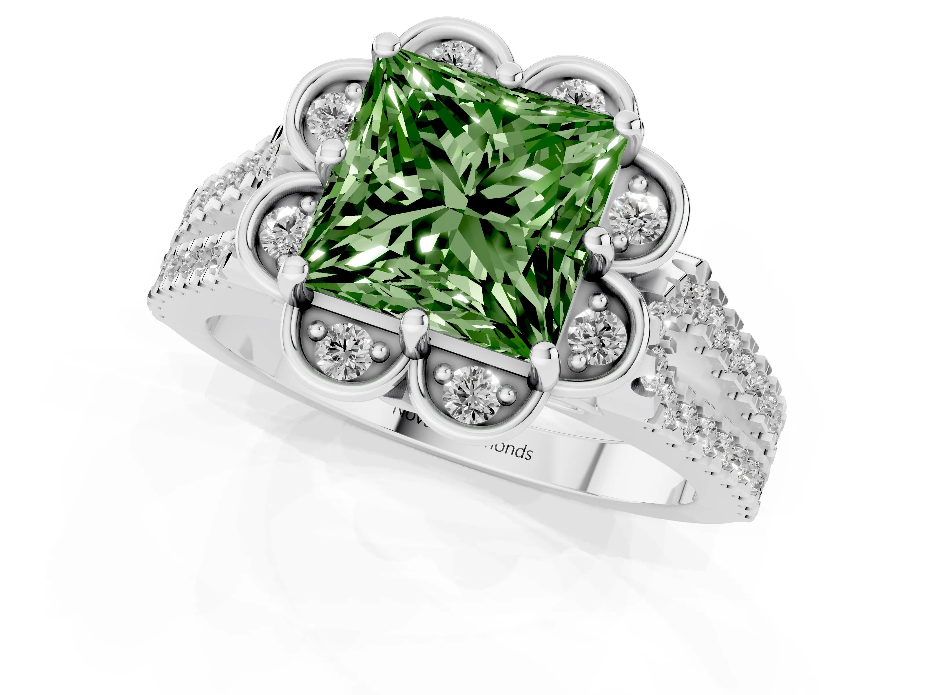 Fancy Green Princess Cut Diamond Floral Halo Split Shank Engagement Ring Set in Silver with Pavé Shank