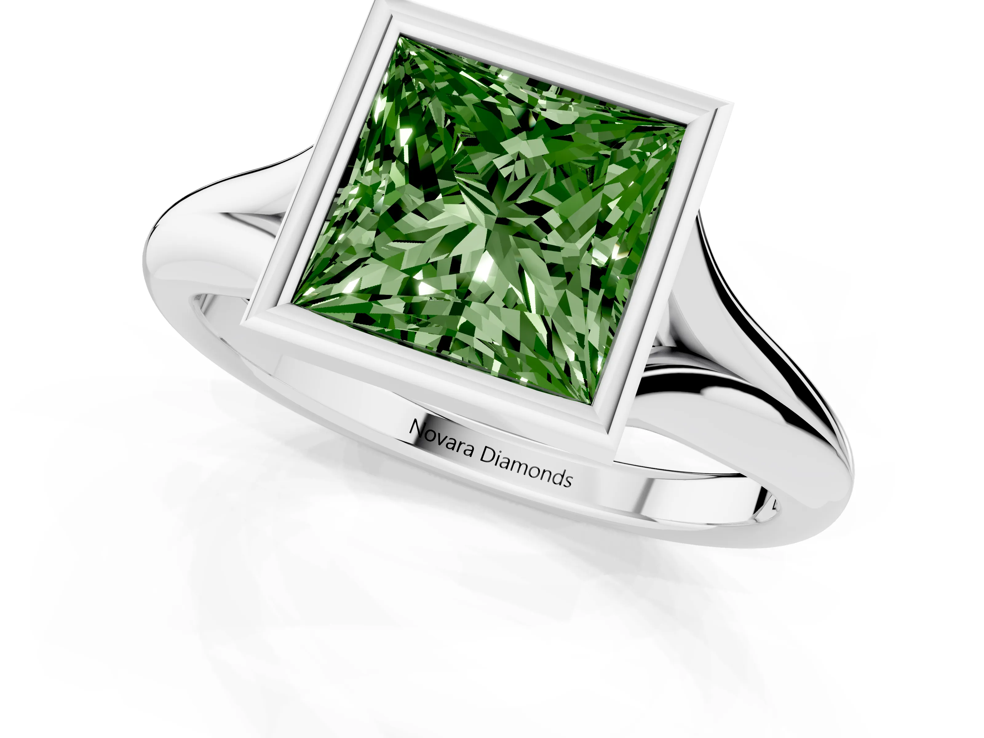 Fancy Green Bezel Set Princess Cut Diamond Solitaire Ring Set in White gold with Smooth Band