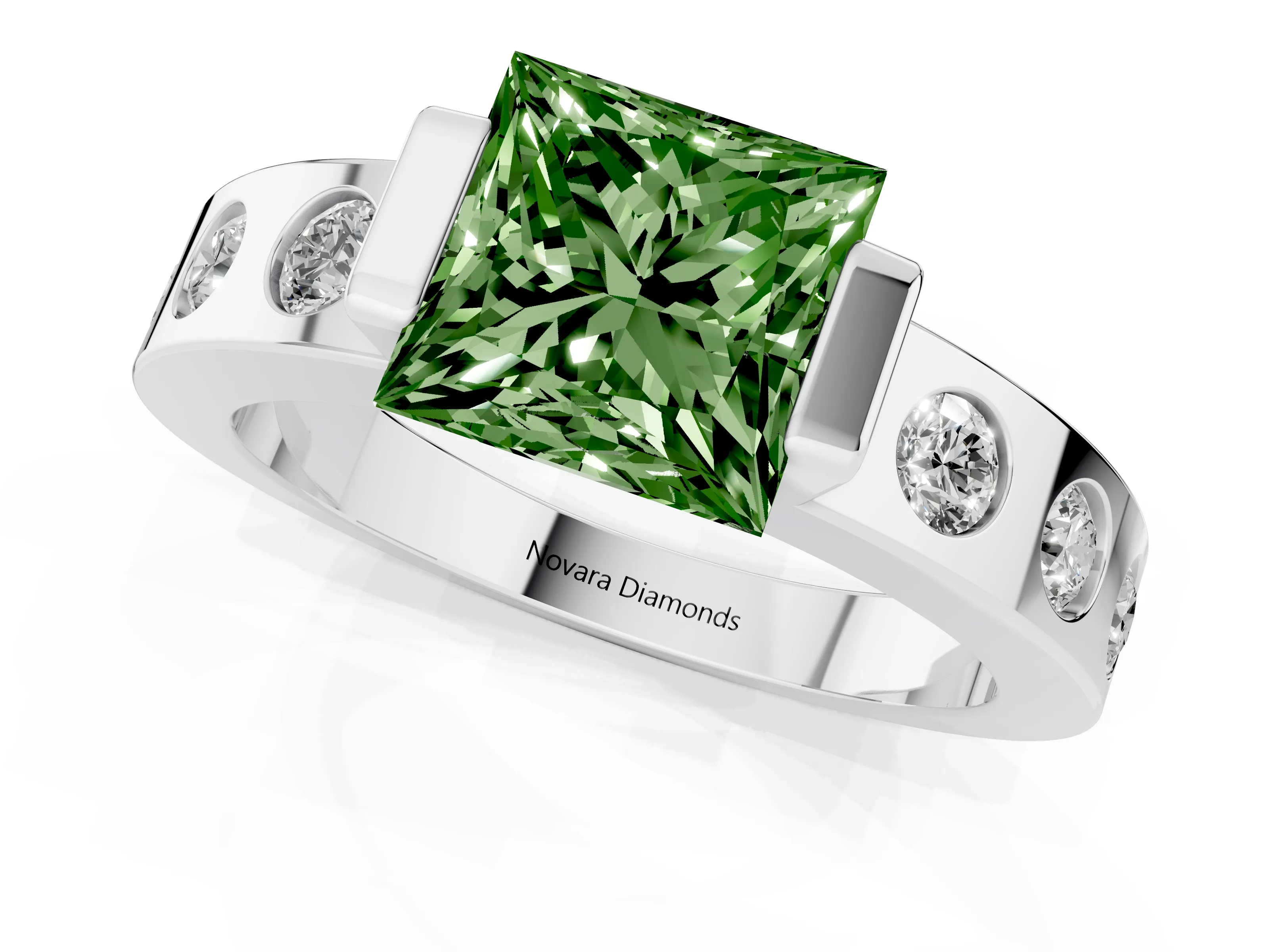 Fancy Green Princess Cut Diamond Channel-Set Band Ring Set in Silver with Bezel Prong Setting