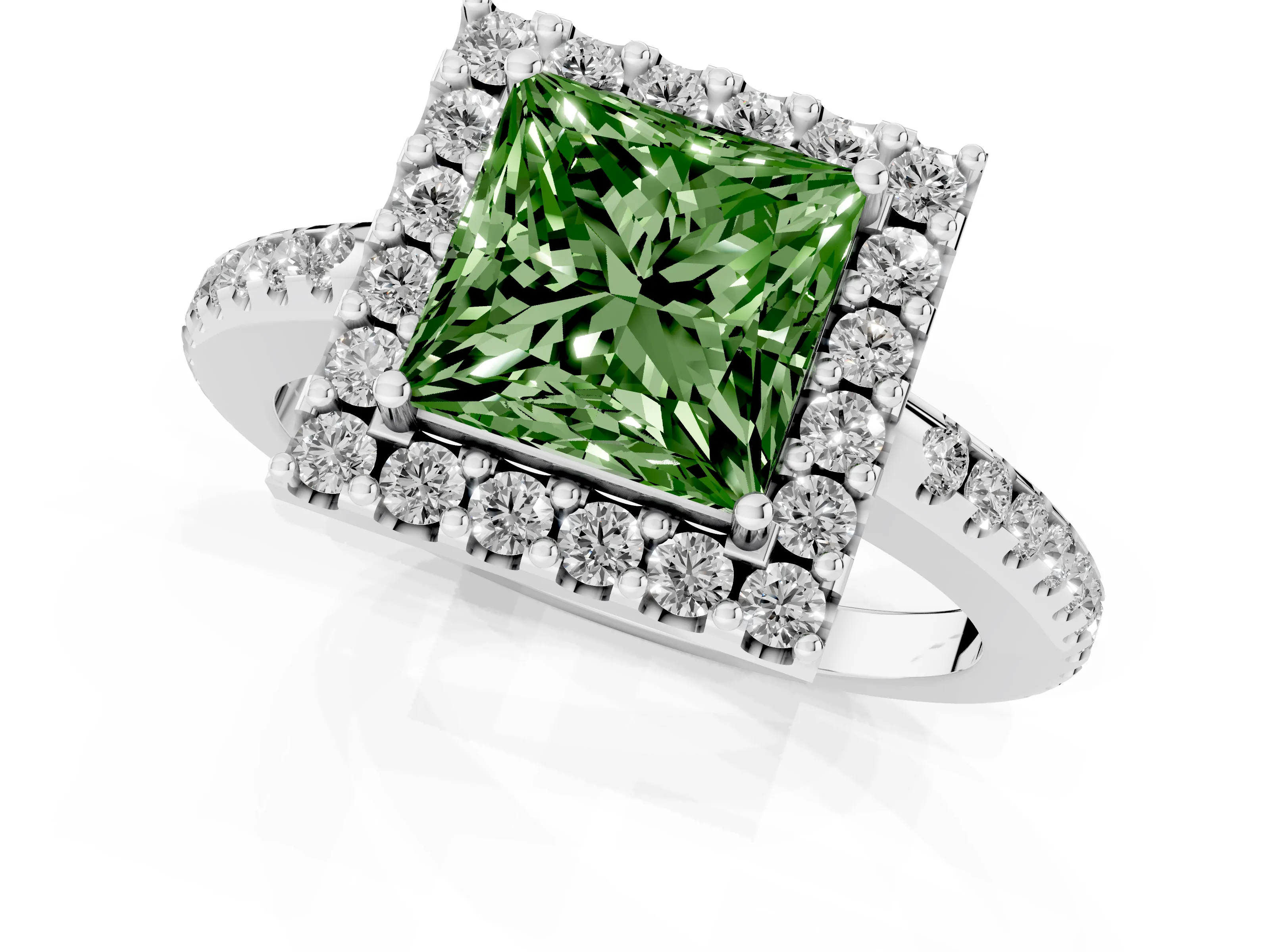 Fancy Green Princess Cut Diamond Pavé Halo Ring Set in Silver with Prong Setting