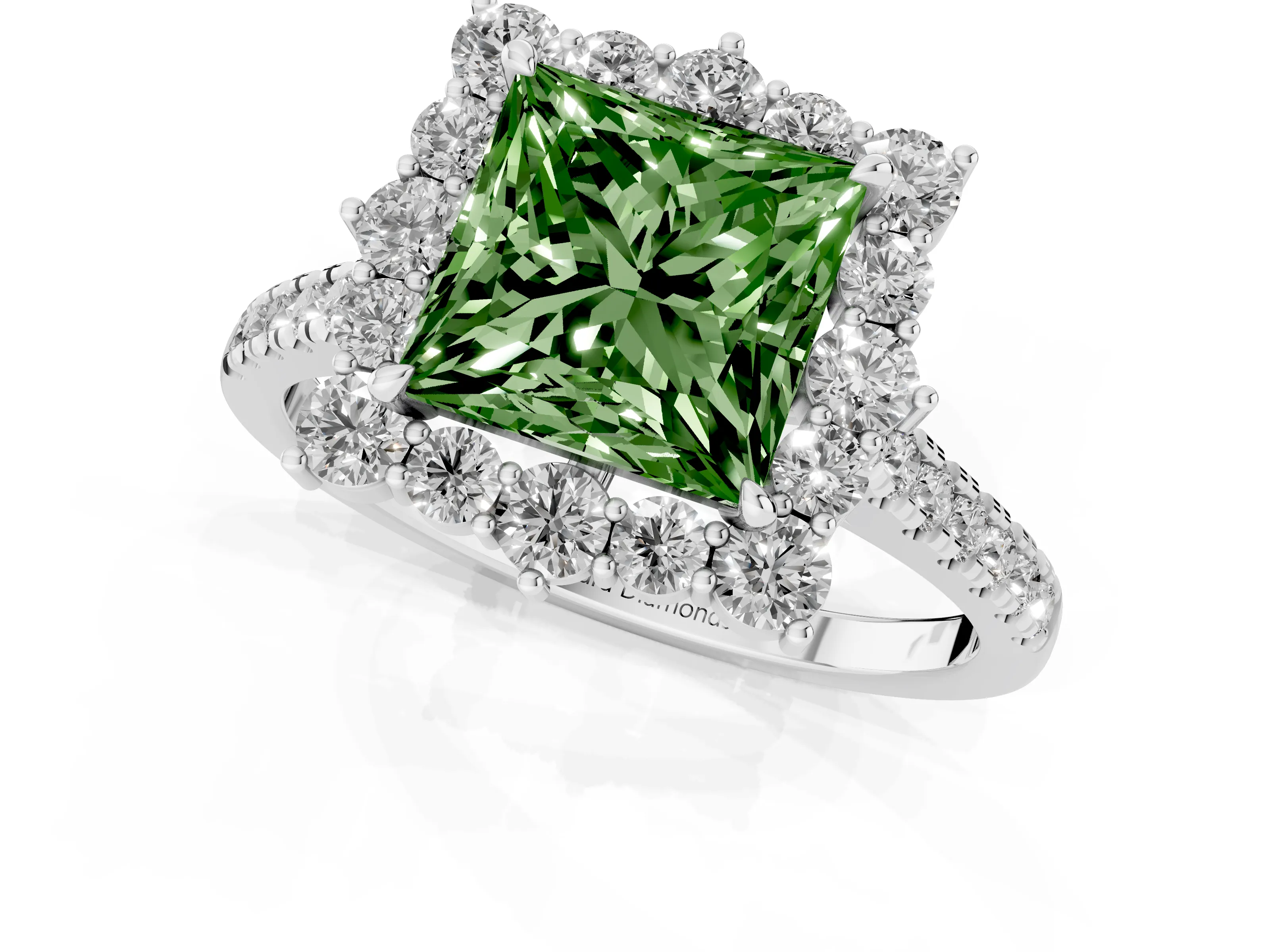 Fancy Green Princess Cut Diamond Halo Ring Set in White gold with Pavé Band and Prong Setting