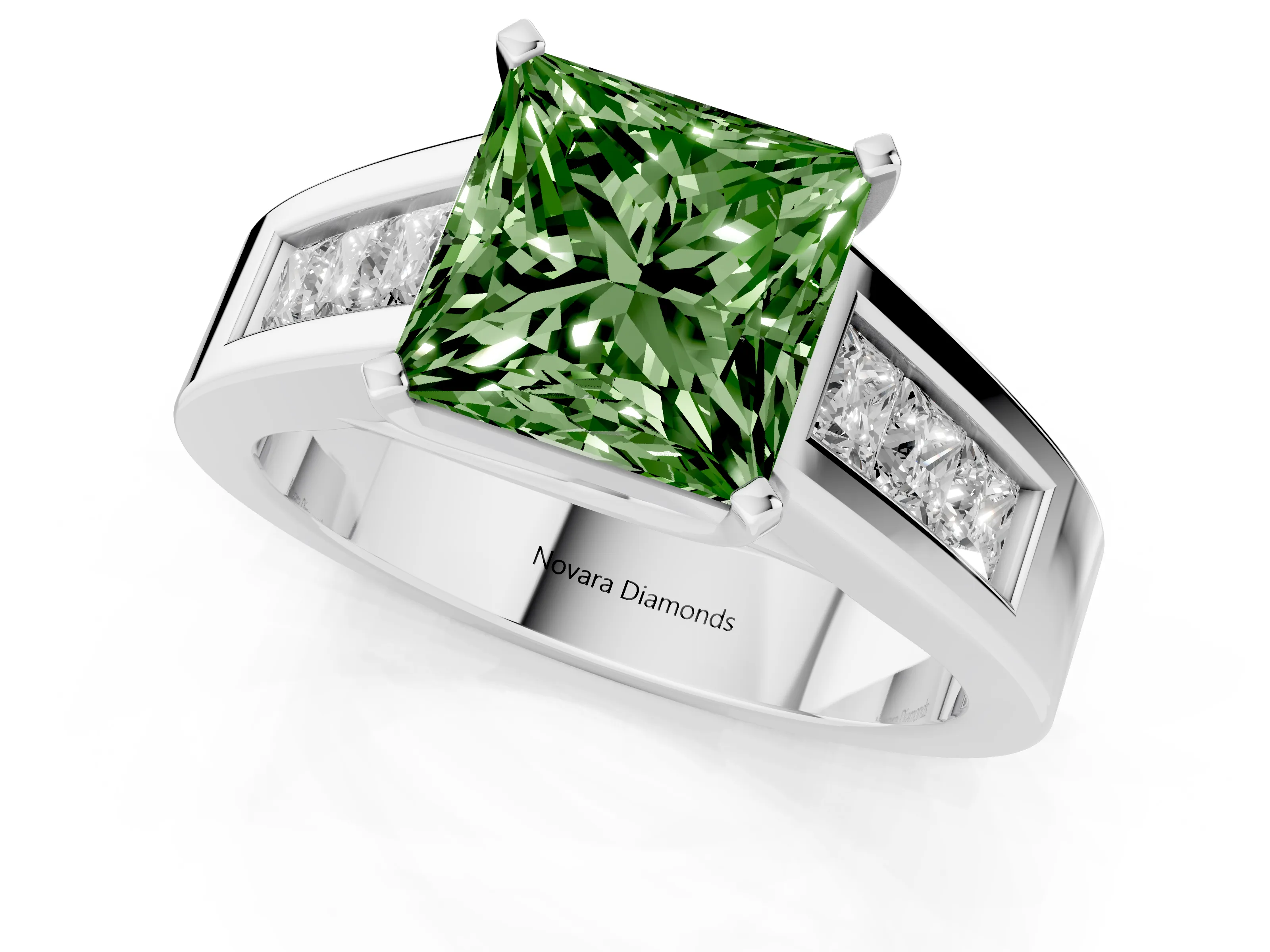 Fancy Green Princess Cut Diamond Solitaire Ring Set in Silver with Channel-Set Accent Stones and Prong Setting