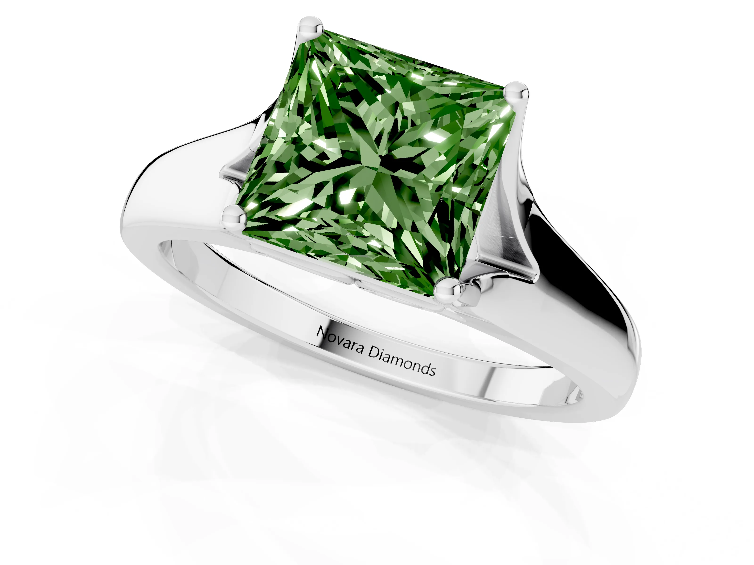 Fancy Green Princess Cut Diamond Solitaire Ring Set in Platinum with Arched Cathedral Band and Prong Setting