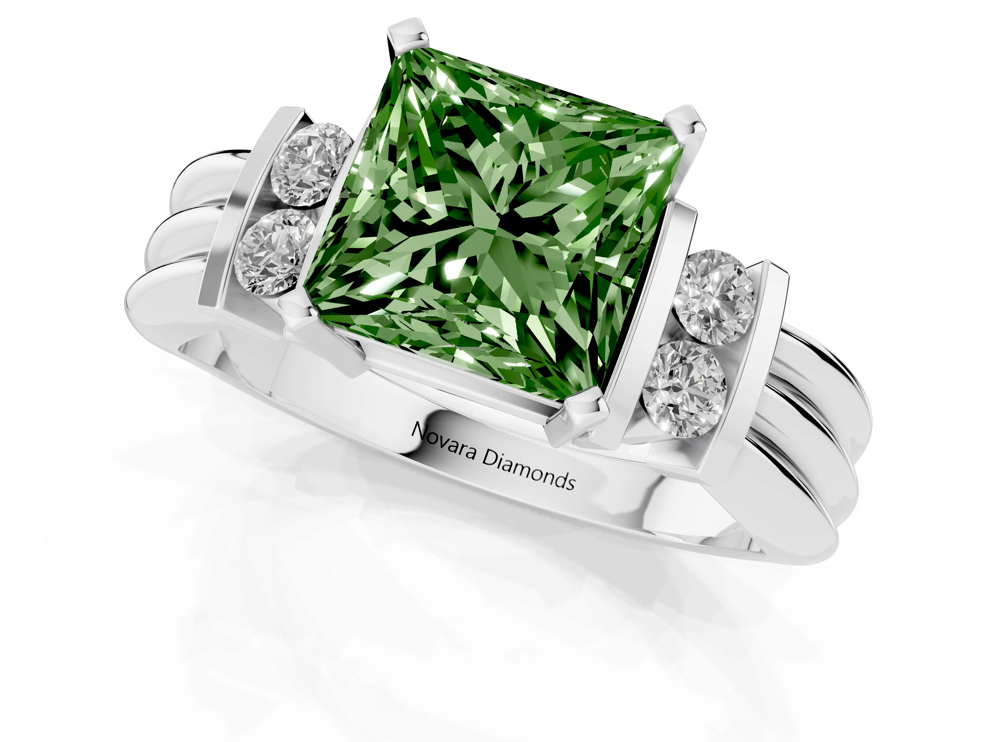 Fancy Green Three-Stone Princess Cut Diamond Channel Set Ring Set in Silver with Bar Prongs