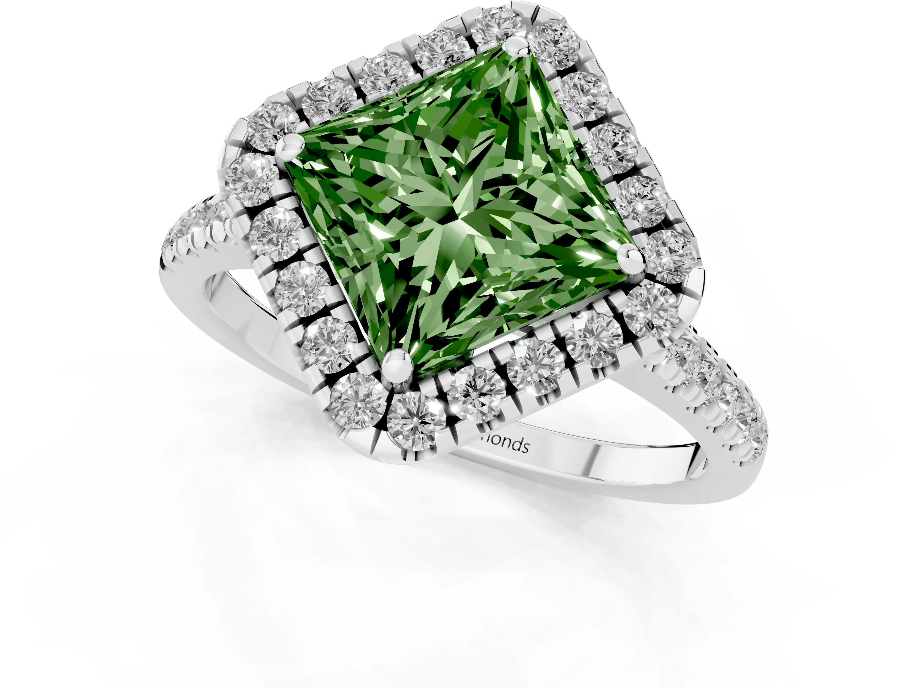 Fancy Green Princess Cut Diamond Cushion Halo Ring Set in Silver with Pavé Band