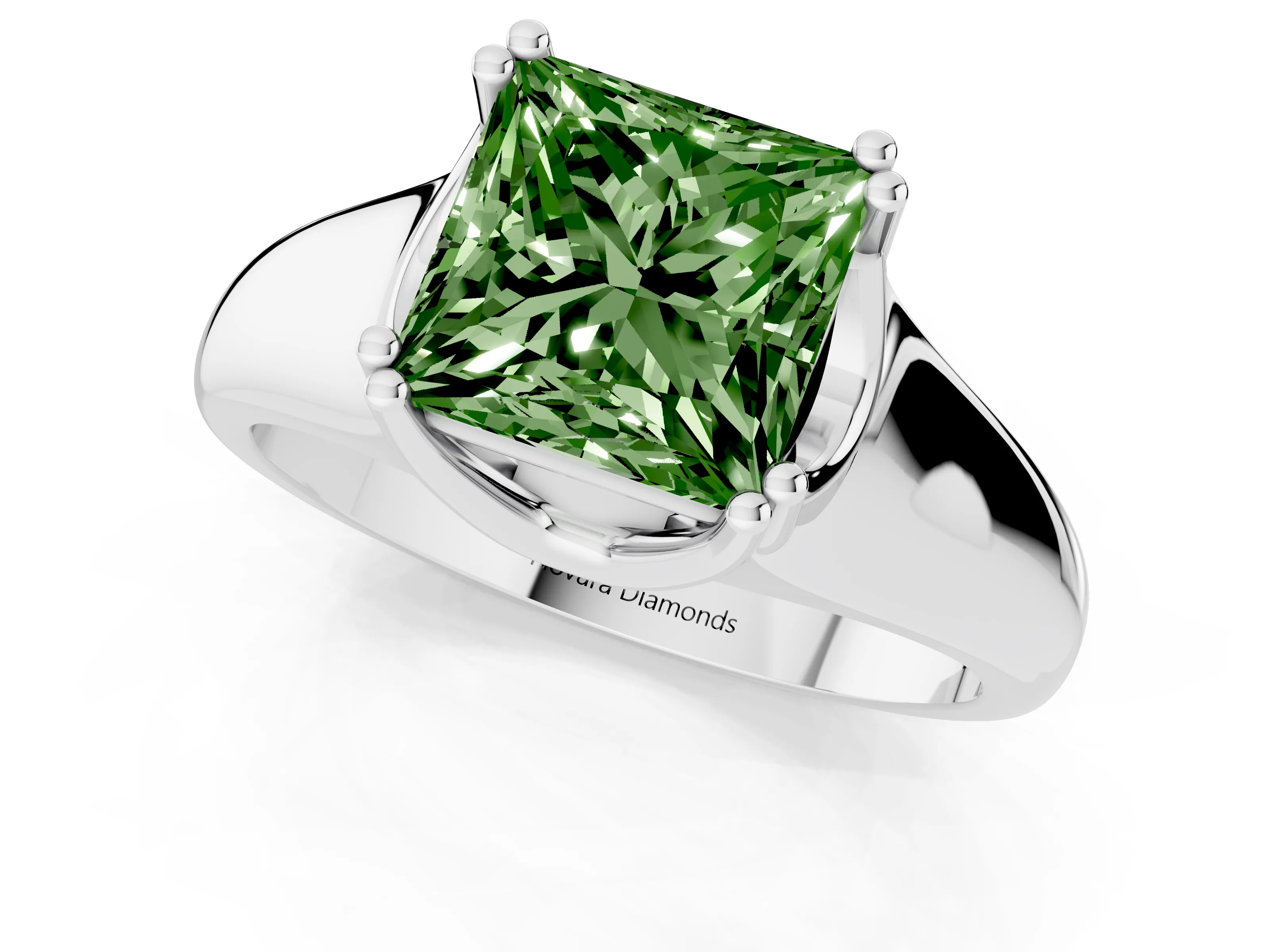 Fancy Green Princess Cut Diamond Solitaire Ring Set in Platinum with Wide Band and Prong Setting
