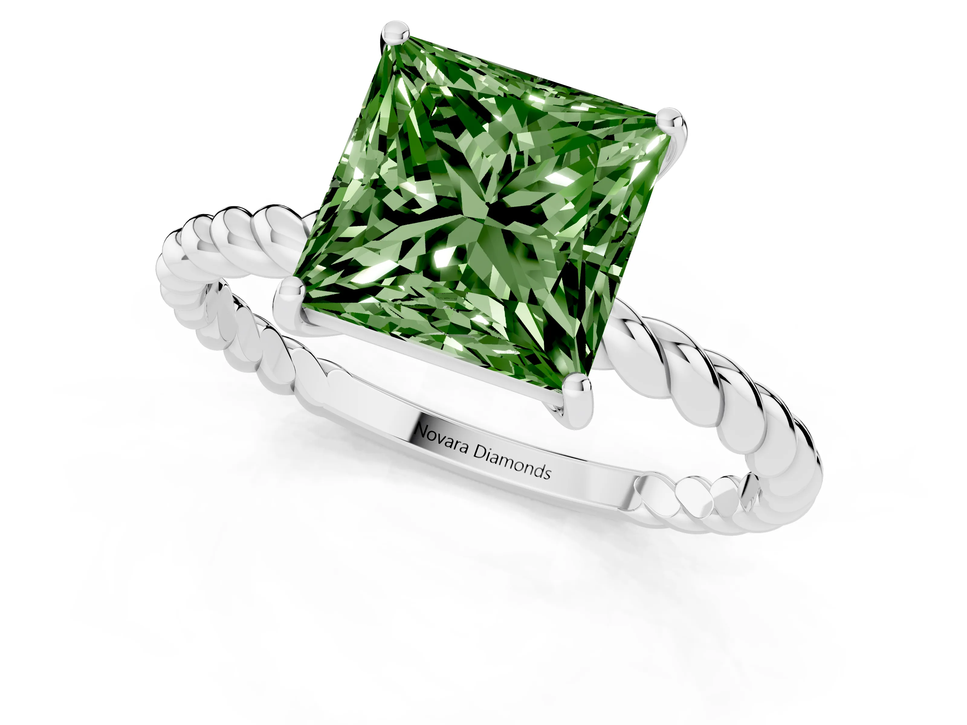 Fancy Green Princess Cut Diamond Solitaire Ring Set in White gold with Twist Band and Prong Setting