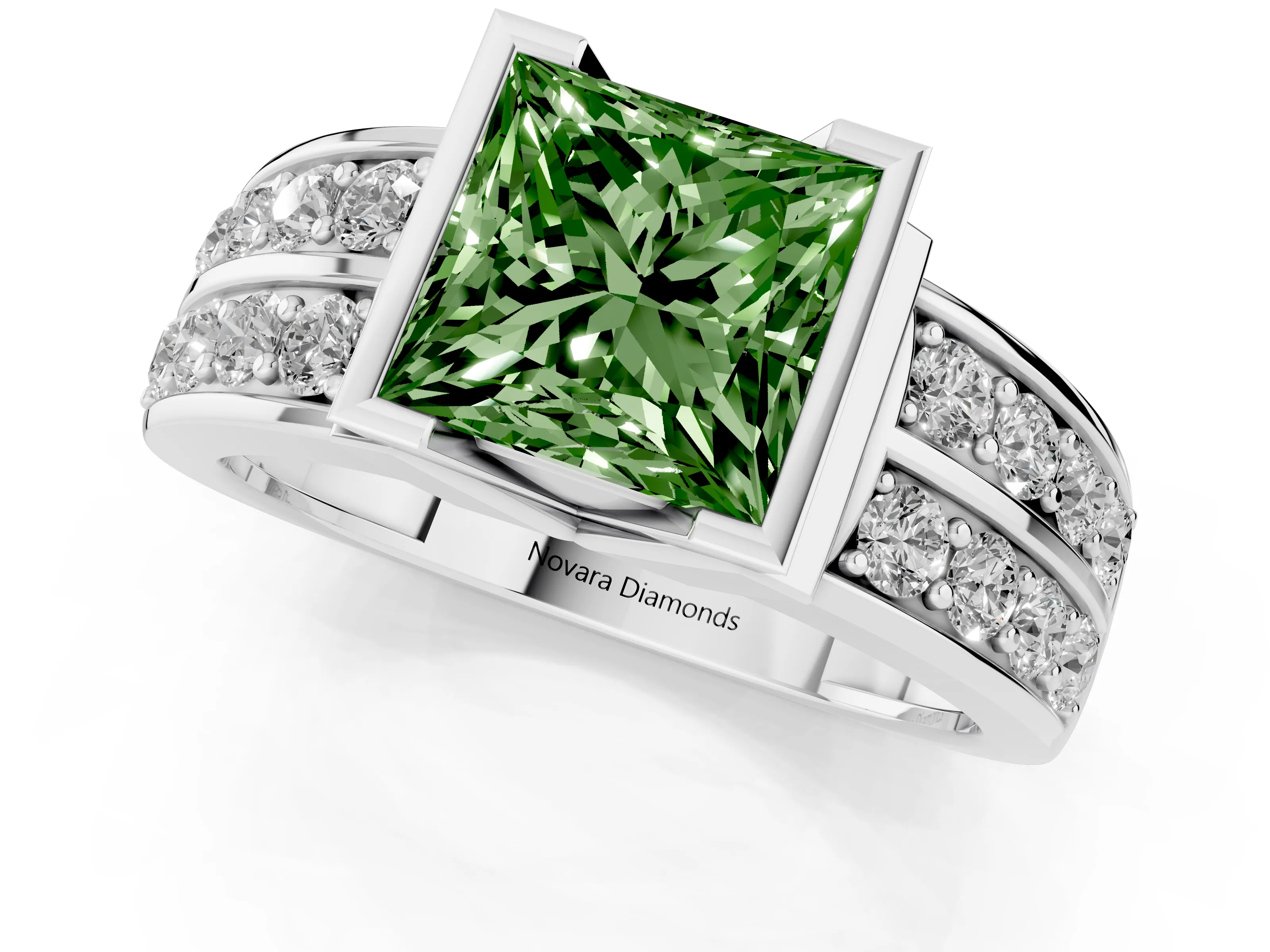 Fancy Green Princess Cut Diamond Wide Channel Set Band Ring Set in Silver with Bezel Setting