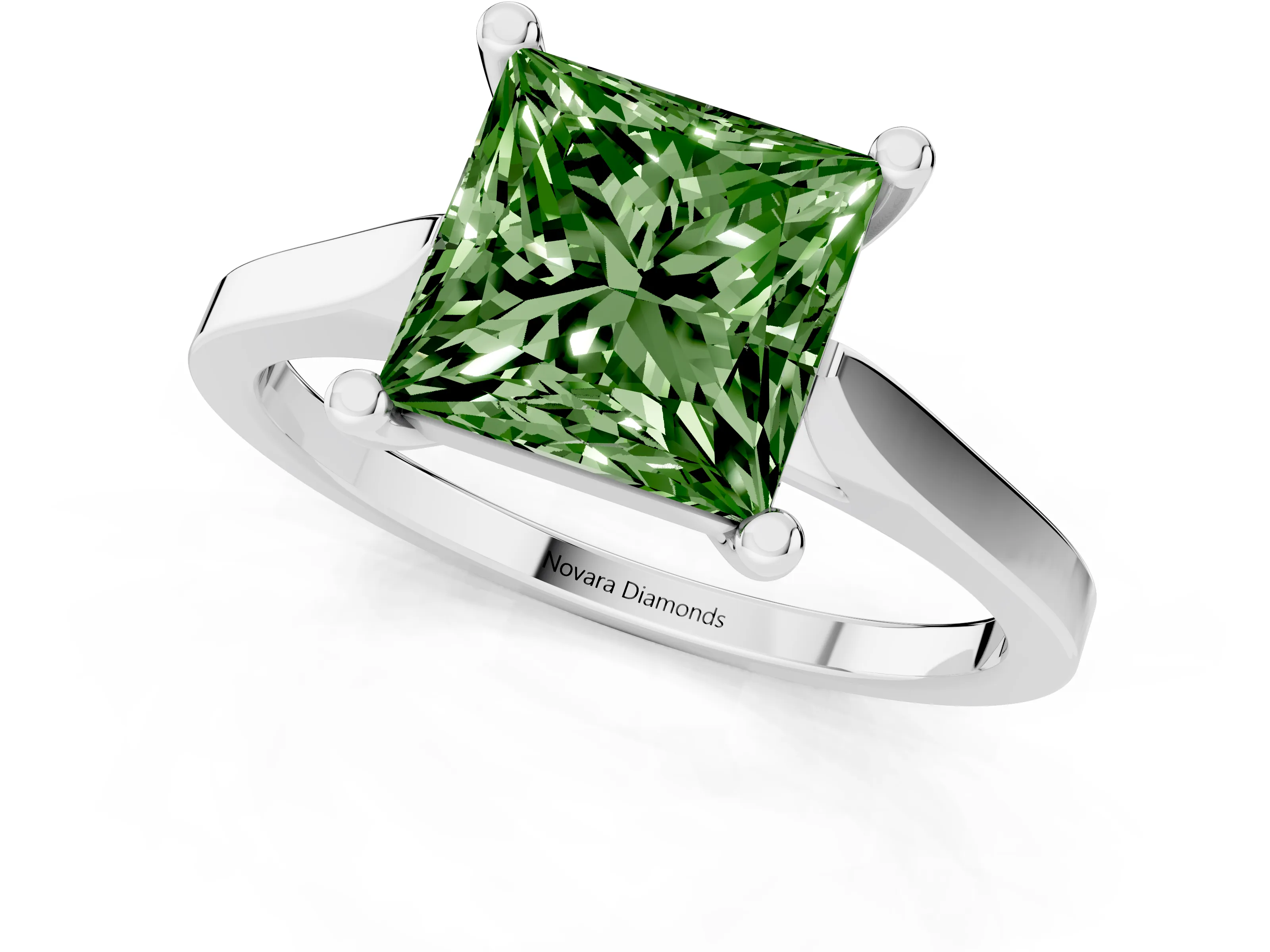 Fancy Green Princess Cut Diamond Solitaire Ring Set in Silver with Prong Setting and Tapered Band