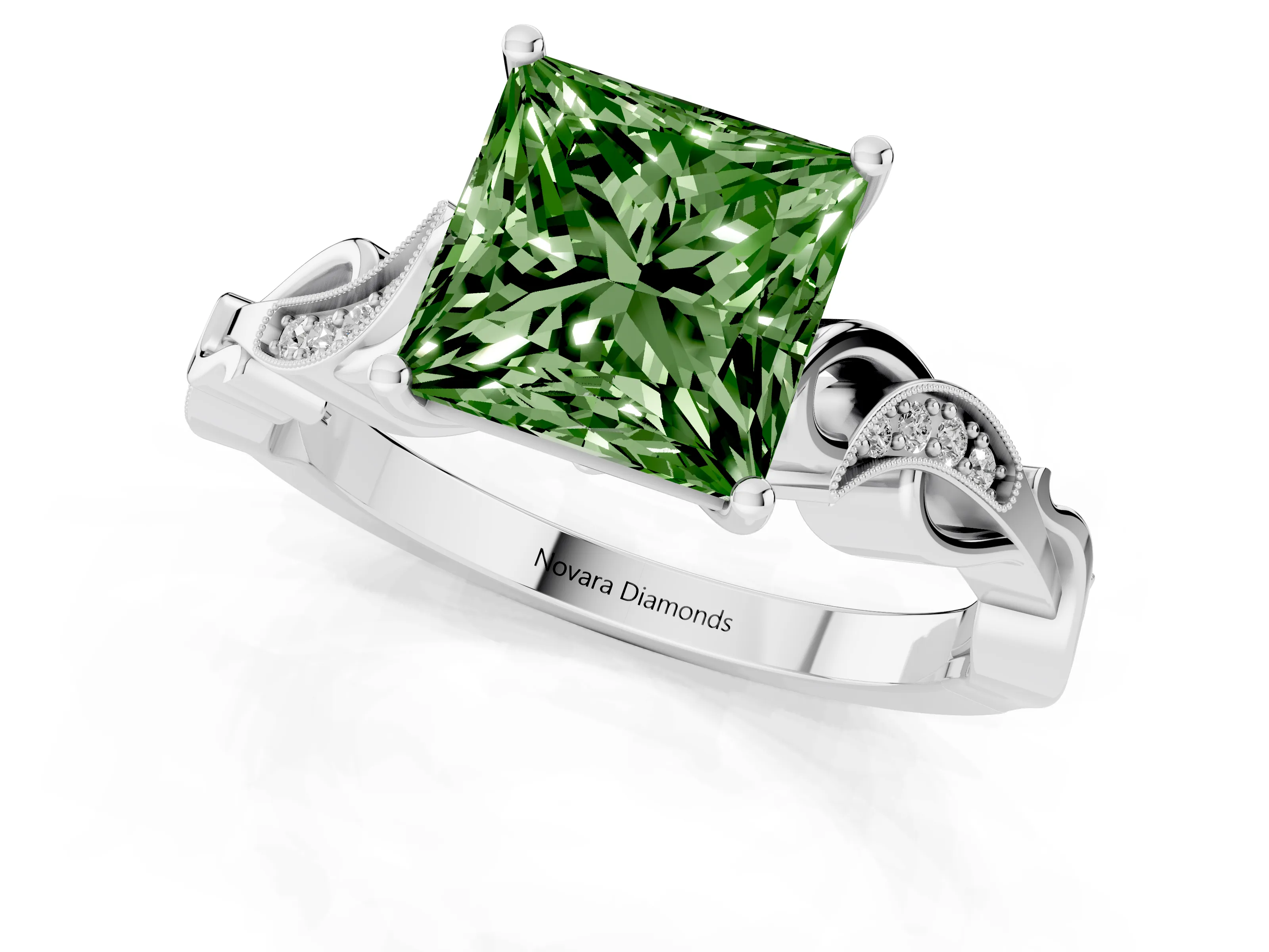 Fancy Green Princess Cut Diamond Vine Band Solitaire Ring Set in White gold with Milgrain Prong Setting