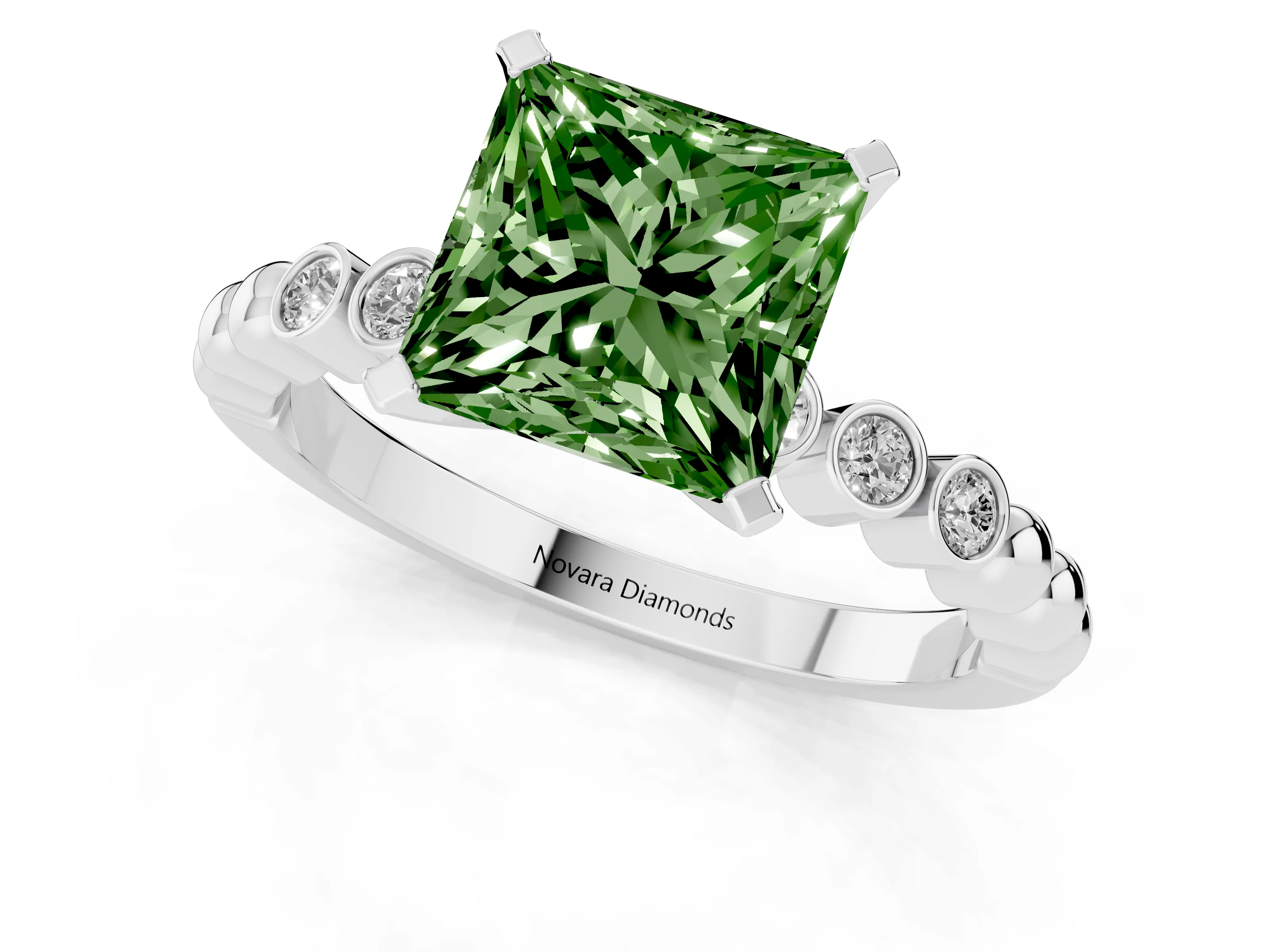 Fancy Green Princess Cut Diamond Solitaire Engagement Ring Set in Silver with Bezel Accents on Beaded Band