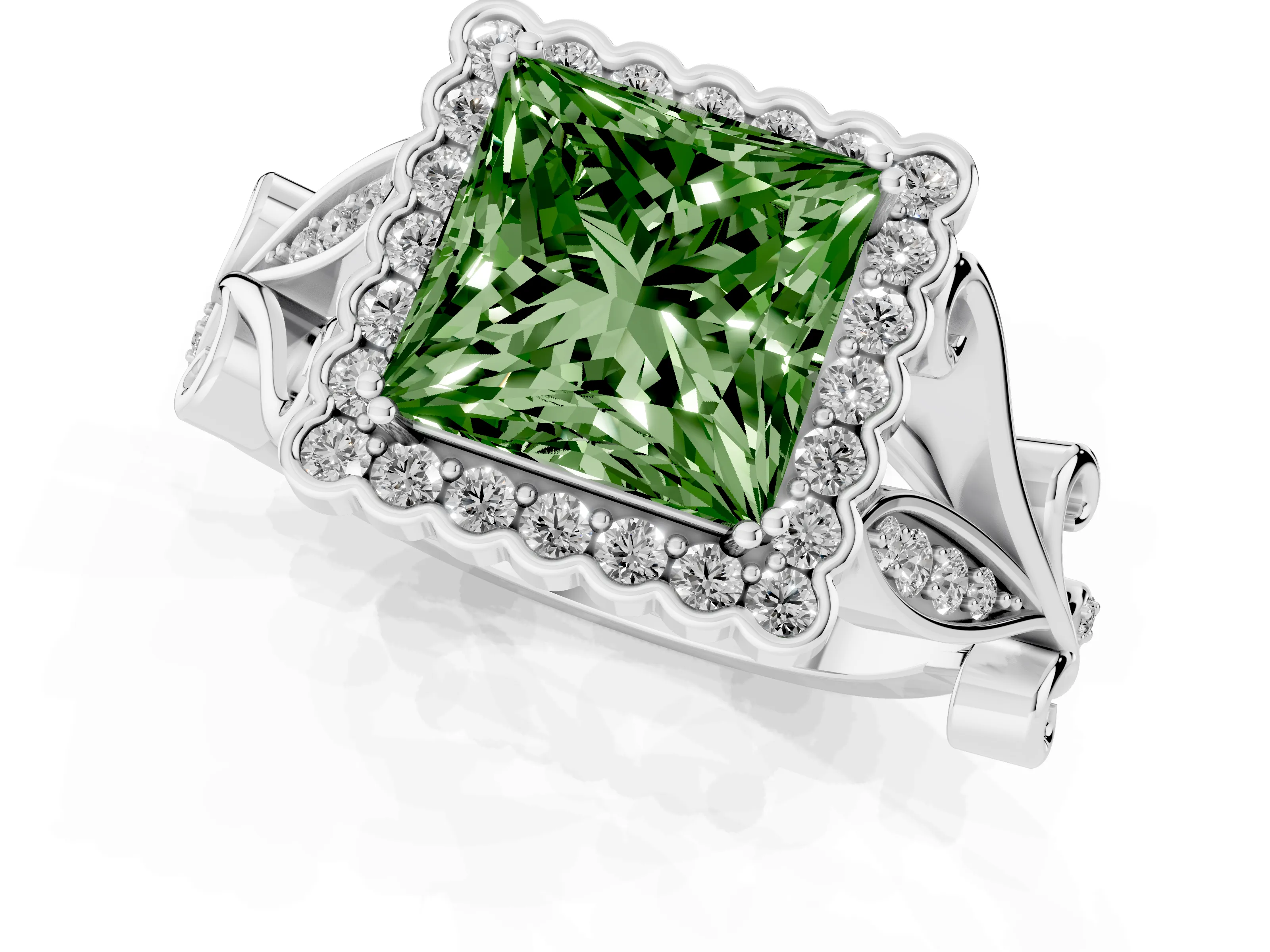 Fancy Green Princess Cut Diamond Halo Ring Set in White gold with Leaf Motif Split Shank and Prong Setting