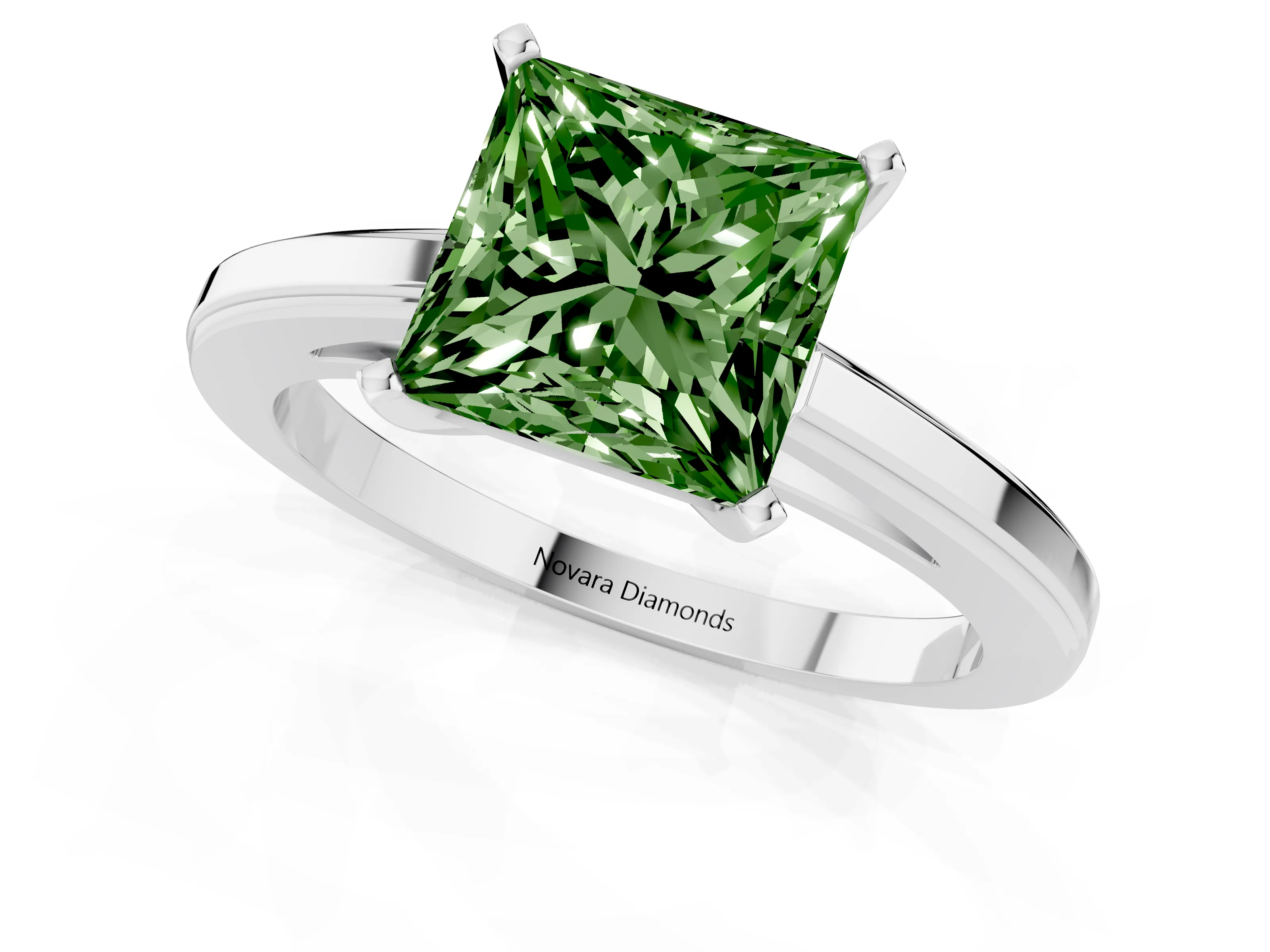 Fancy Green Princess Cut Diamond Solitaire Ring Set in Platinum with Prong Setting and Classic Band