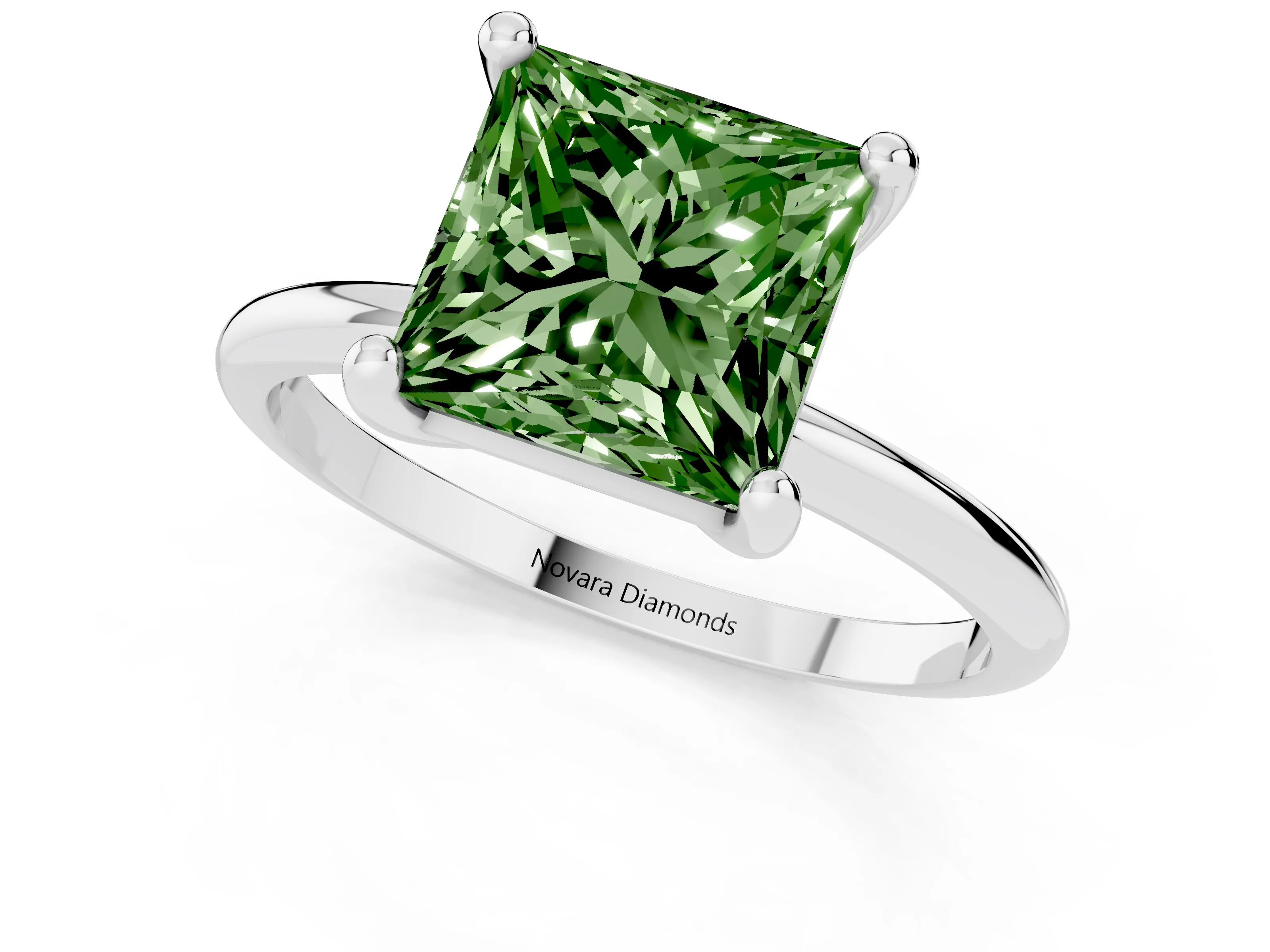 Fancy Green Princess Cut Diamond Solitaire Ring Set in White gold with Secure Prong Setting on a Classic Band