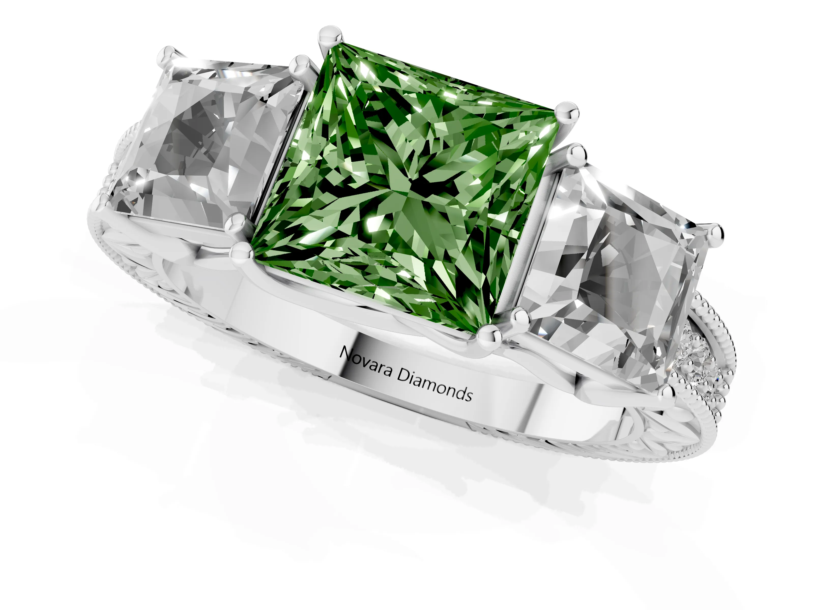 Fancy Green Princess Cut Diamond Three-Stone Engagement Ring Set in Silver with Milgrain Pavé Band – second view