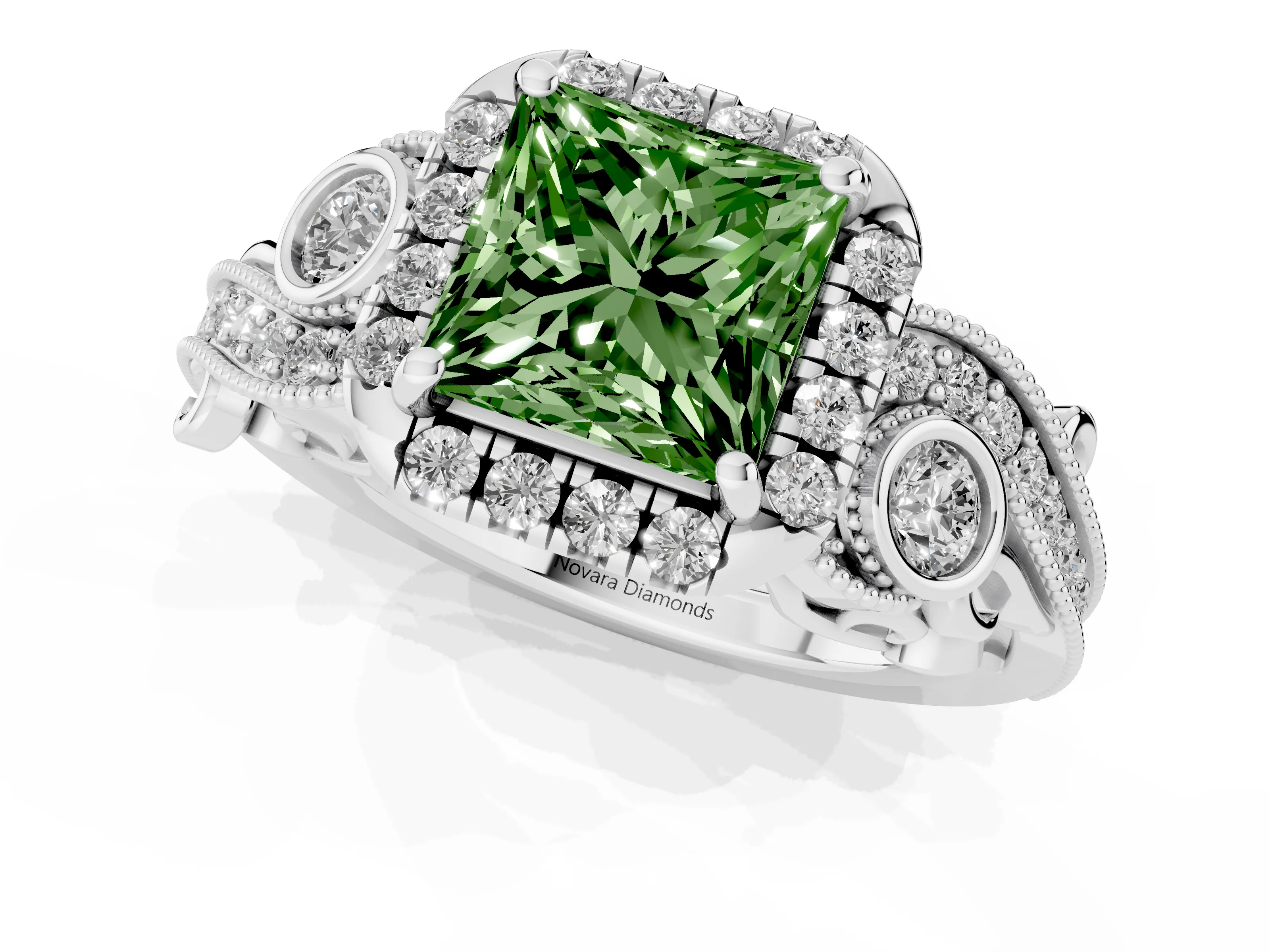 Fancy Green Princess Cut Diamond Halo Ring Set in Platinum with Milgrain Pavé Band and Prong Setting