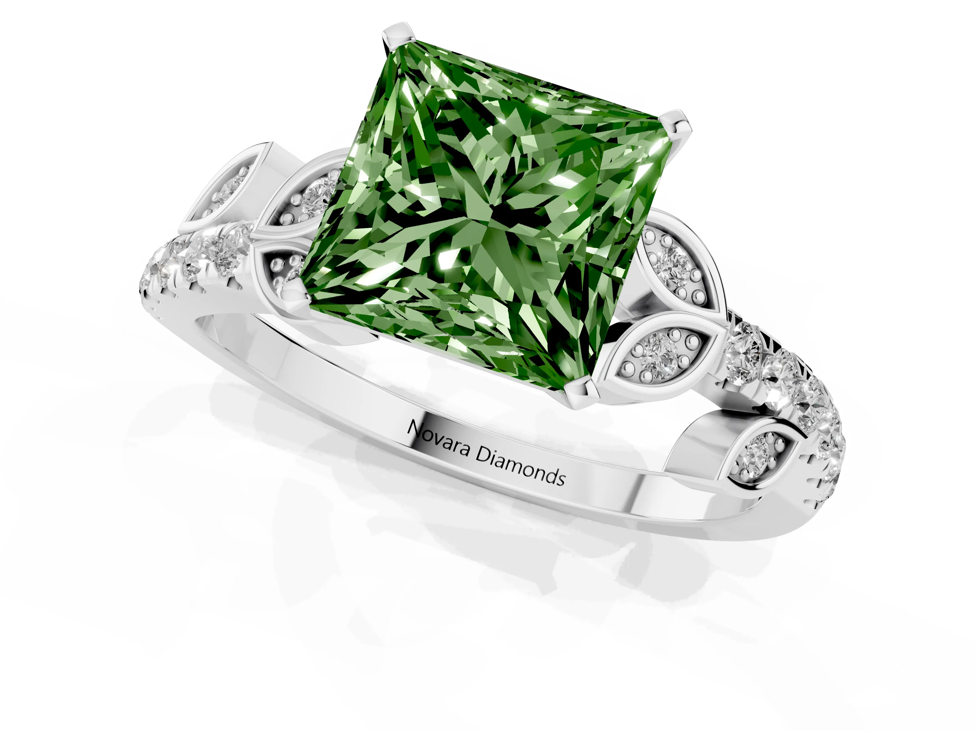 Fancy Green Princess Cut Diamond Solitaire Leaf-Inspired Ring Set in White gold with Pavé Band and Prong Setting