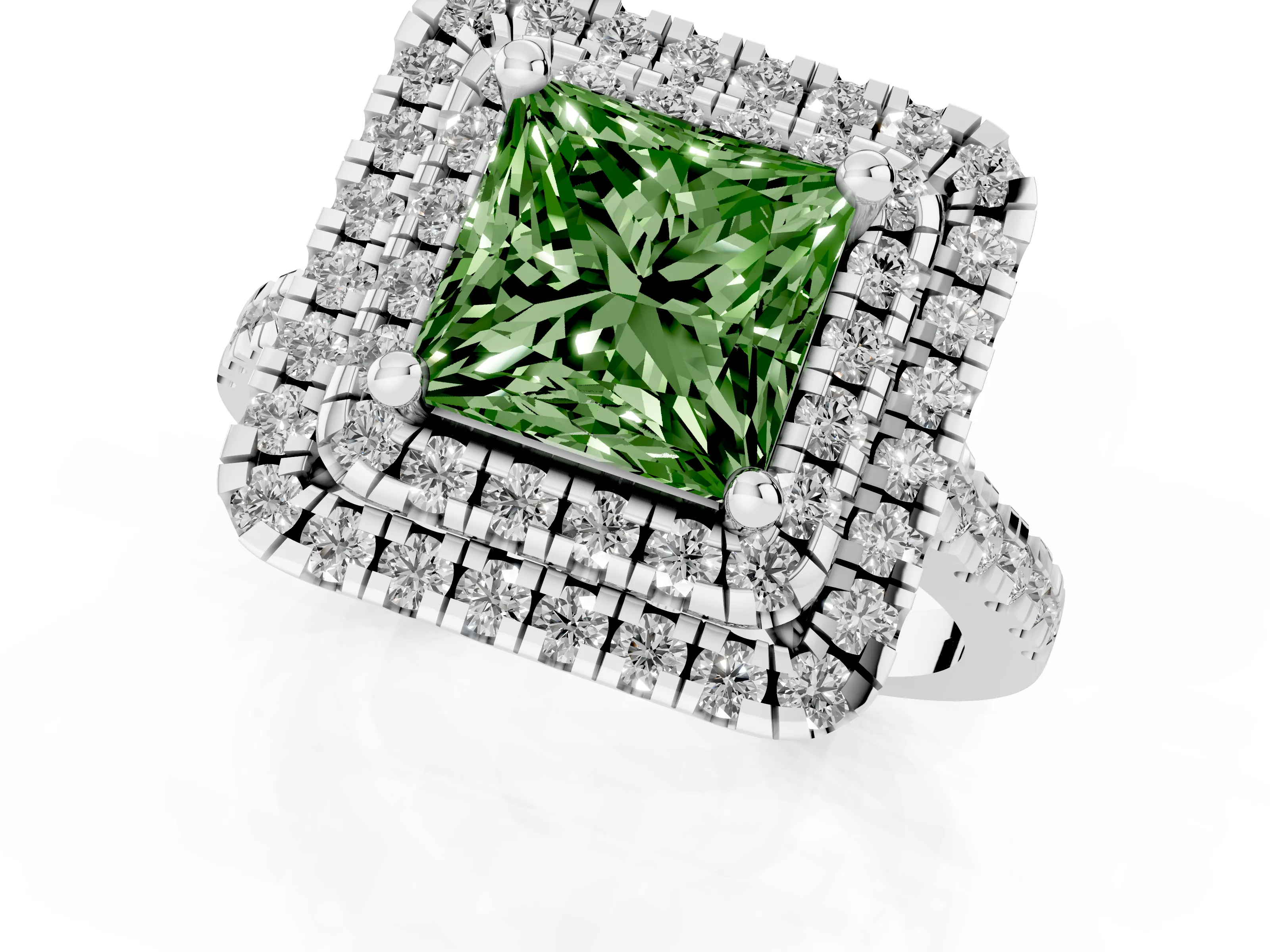 Fancy Green Princess Cut Diamond Double Halo Statement Ring Set in White gold with Pavé Band