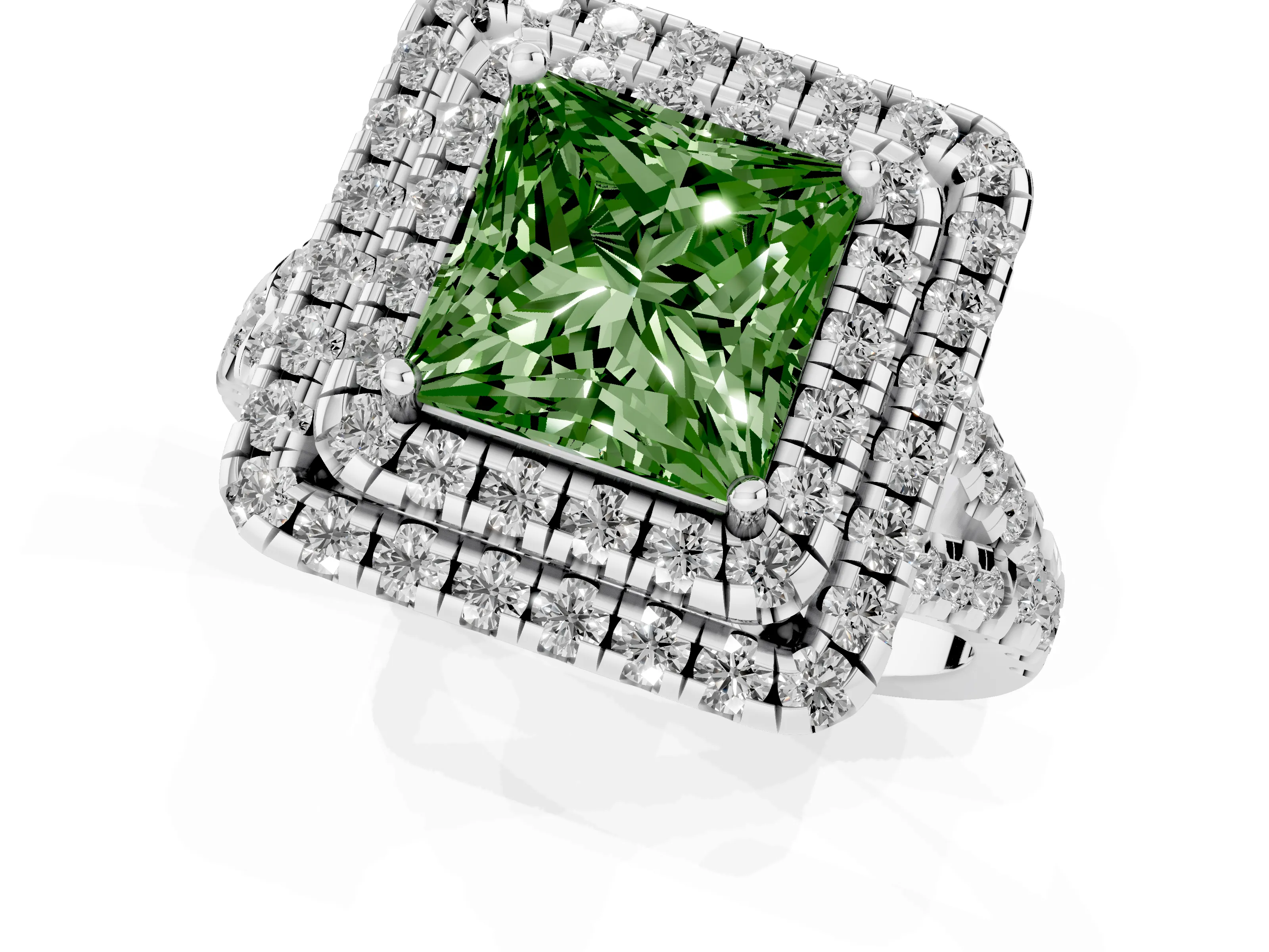 Fancy Green Princess Cut Diamond Double Halo Ring Set in White gold with Pavé Split Shank and Prong Setting