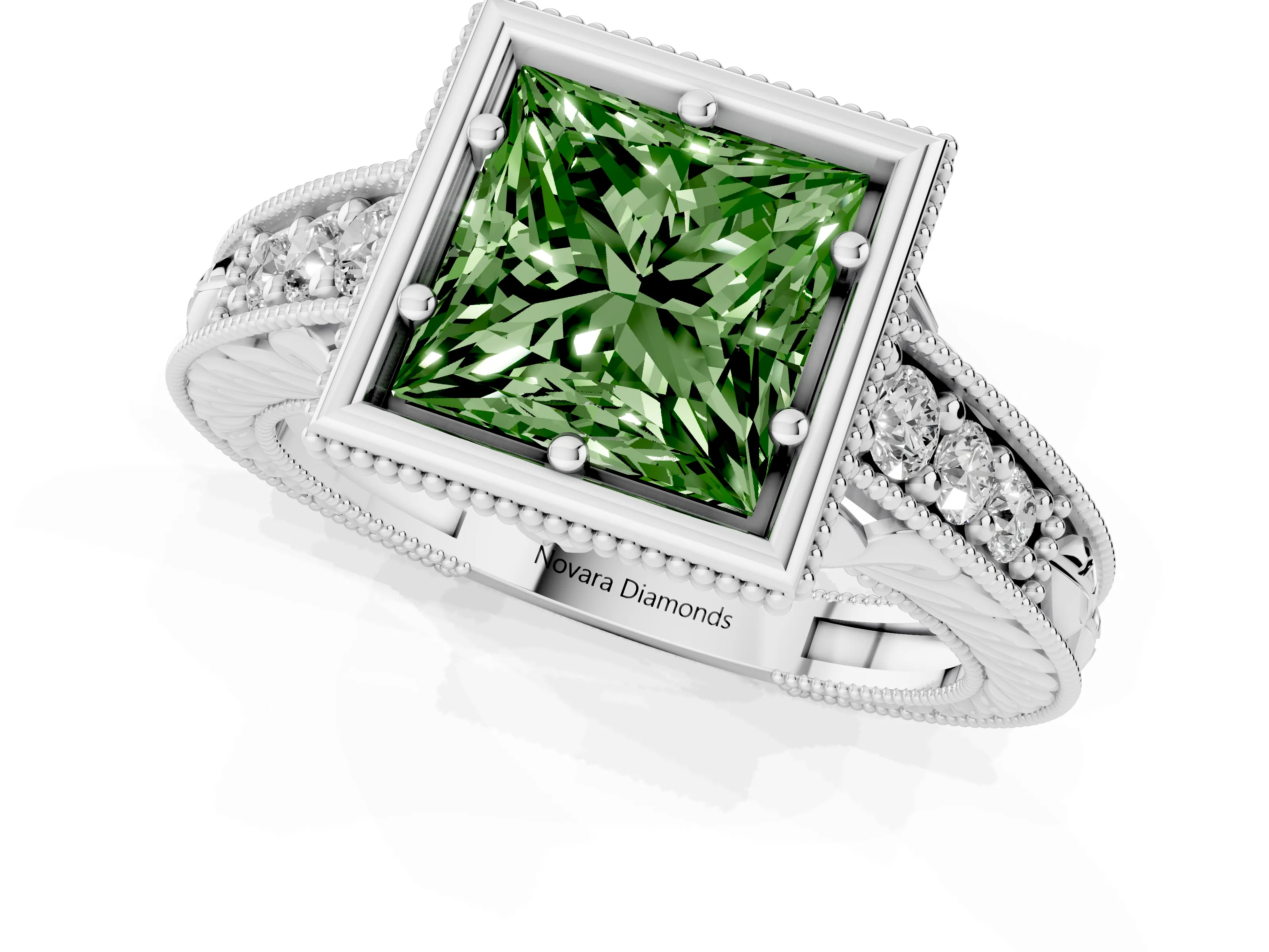 Fancy Green Bezel Set Princess Cut Diamond Milgrain Pavé Engagement Ring Set in Silver