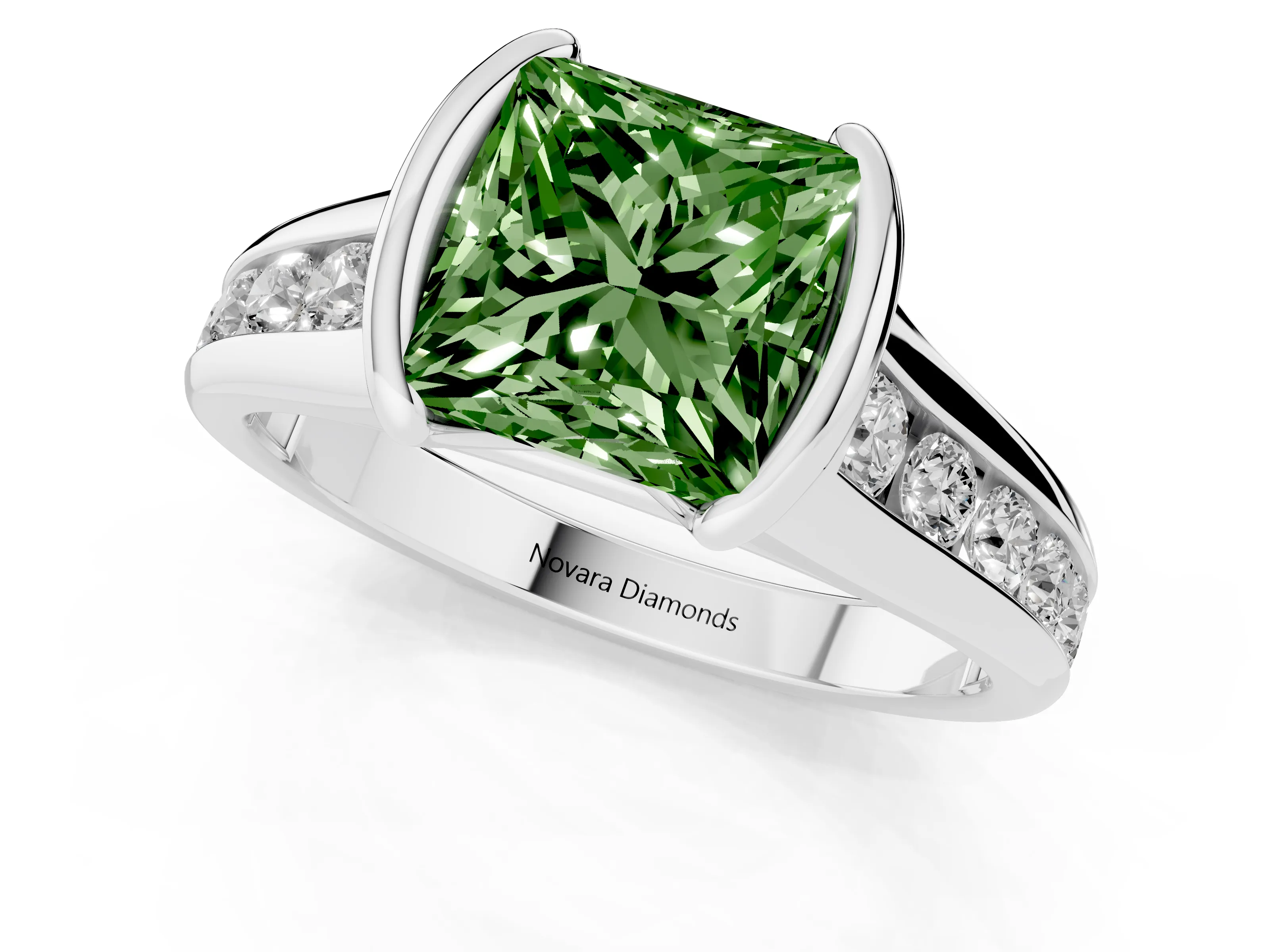 Fancy Green Princess Cut Diamond Bezel-Set Solitaire Ring Set in Silver with Channel-Set Band