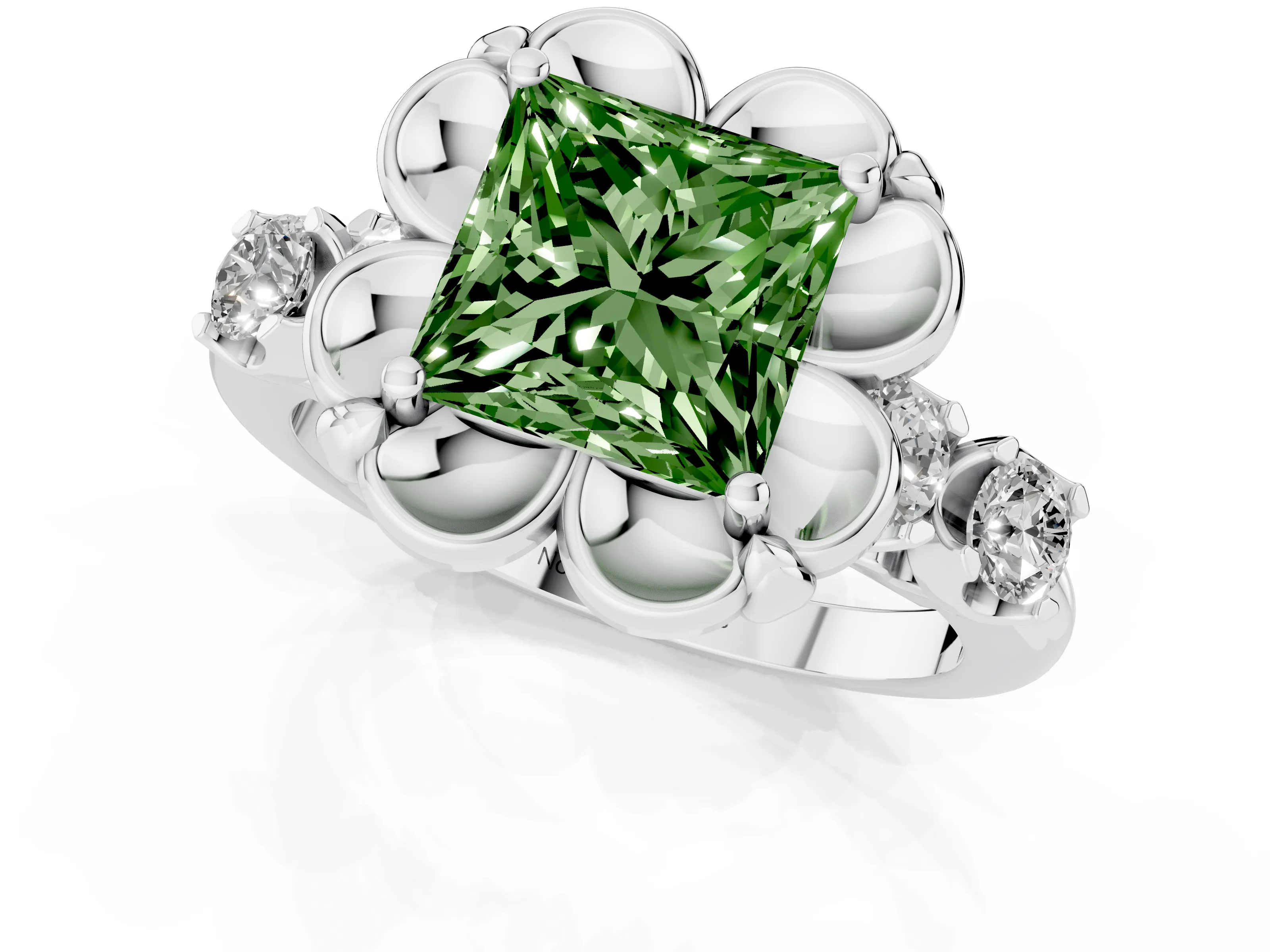 Fancy Green Princess Cut Diamond Floral Halo Ring Set in Platinum with Shared Prong Band