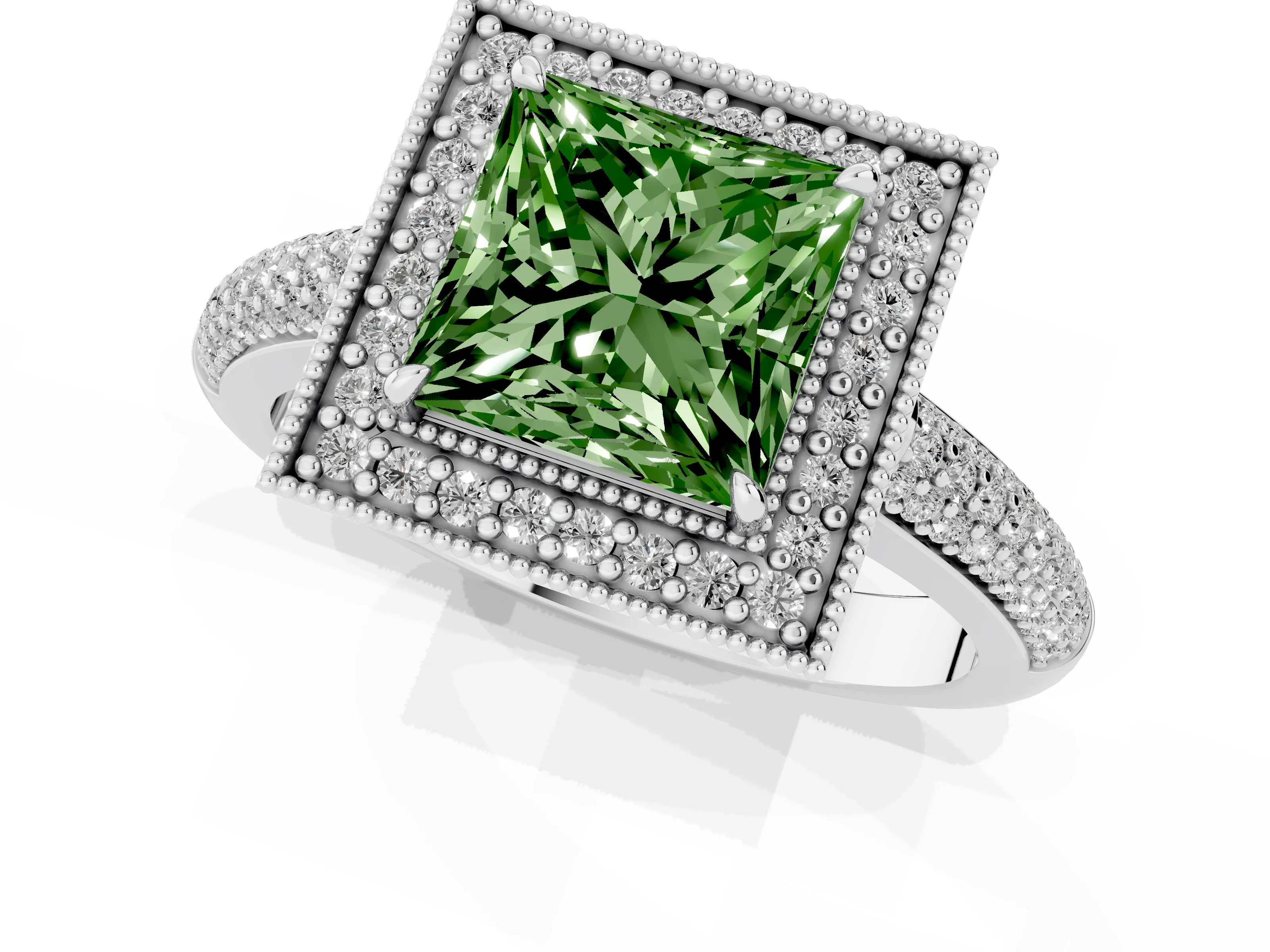 Fancy Green Princess Cut Diamond Halo Pavé Band Set in Platinum with Prong Setting