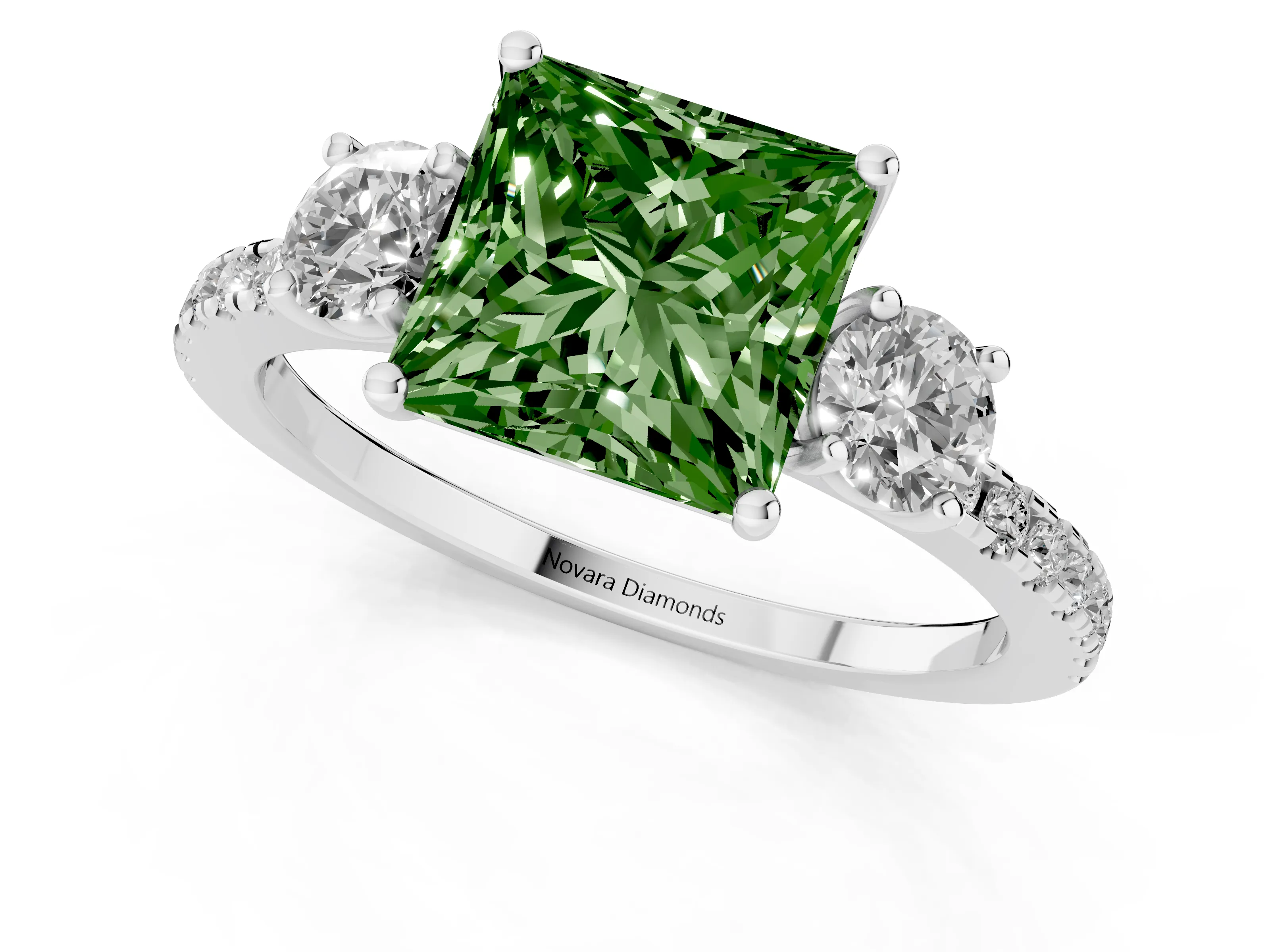 Fancy Green Princess Cut Diamond Three-Stone Ring Set in White gold with Pavé Band and Graduated Sides – second view