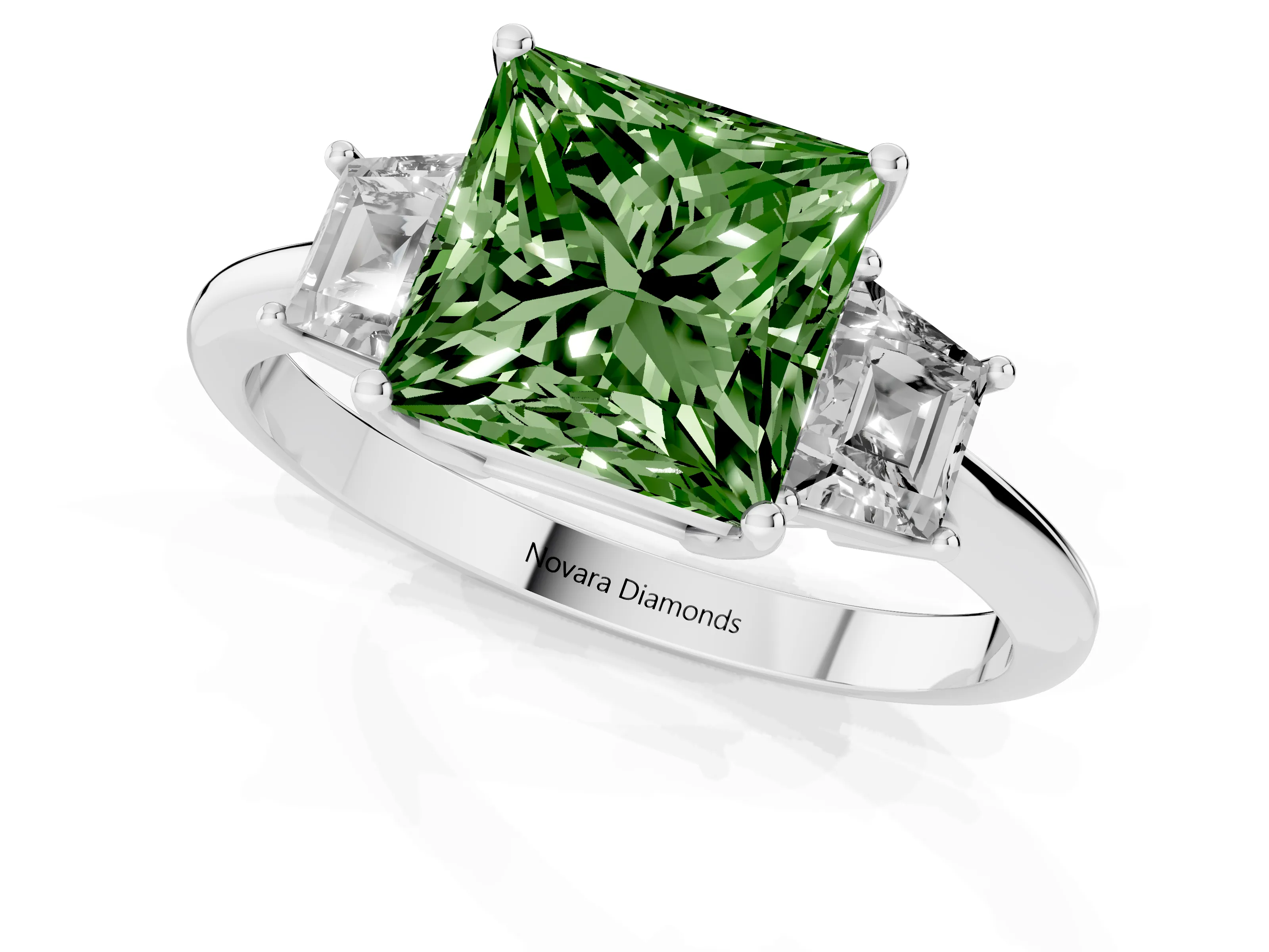 Fancy Green Princess Cut Diamond Three-Stone Ring Set in Silver with Trapezoid Side Stones and Prong Setting