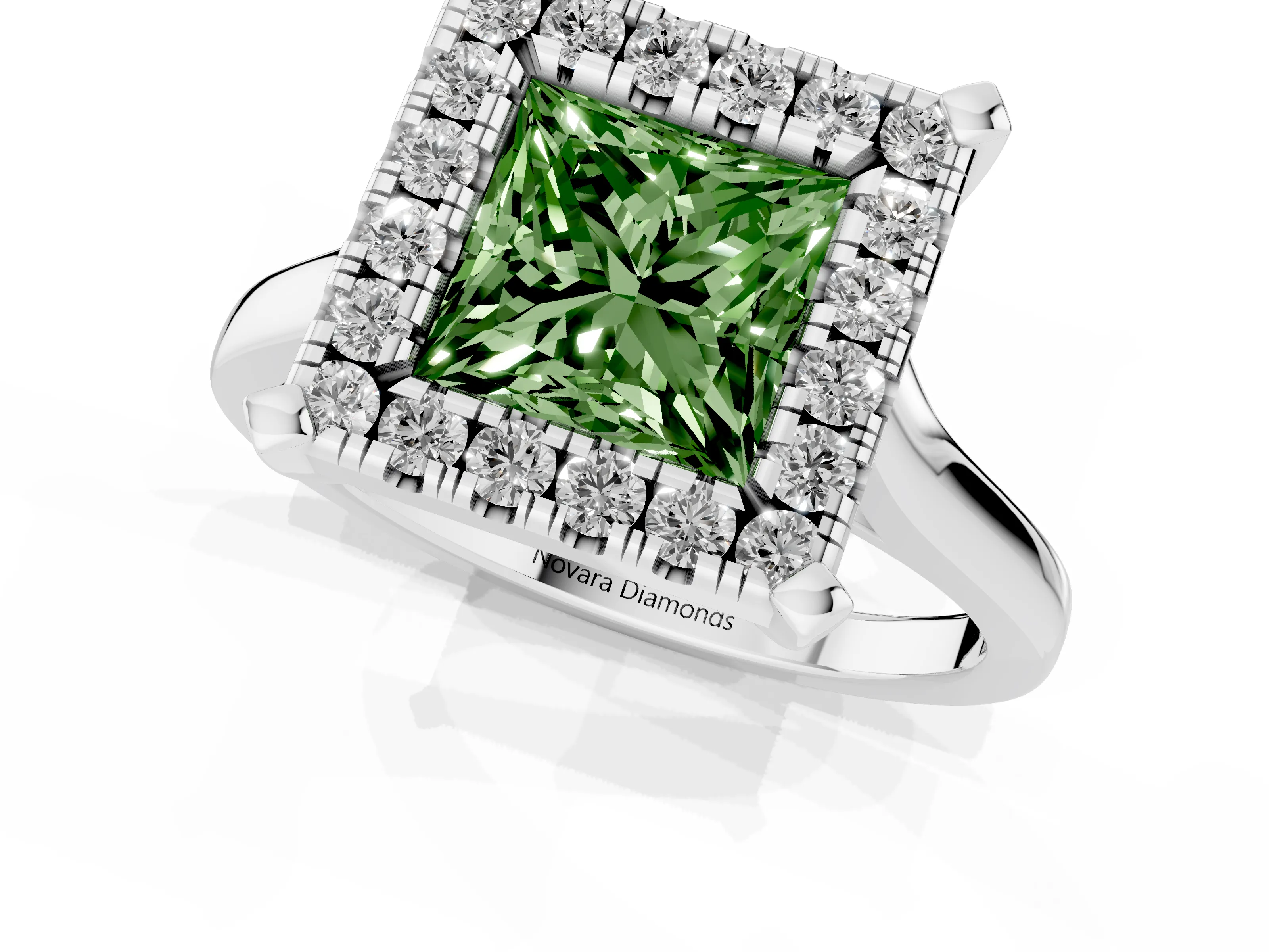Fancy Green Princess Cut Diamond Cluster Halo Solitaire Ring Set in Silver with Prong Setting
