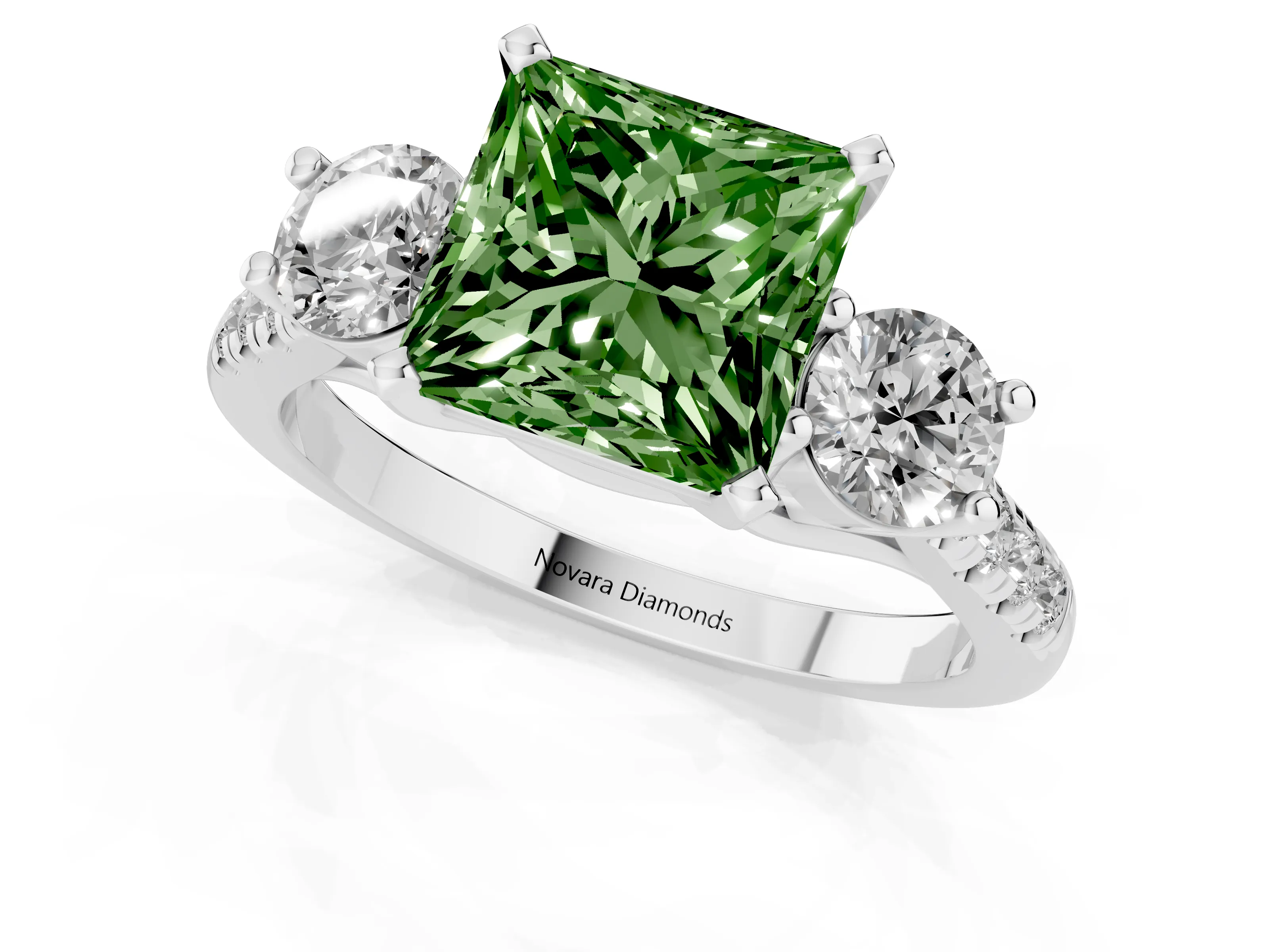 Fancy Green Three-Stone Princess Cut Diamond Pavé Band Ring Set in Platinum with Prong-Set Trio