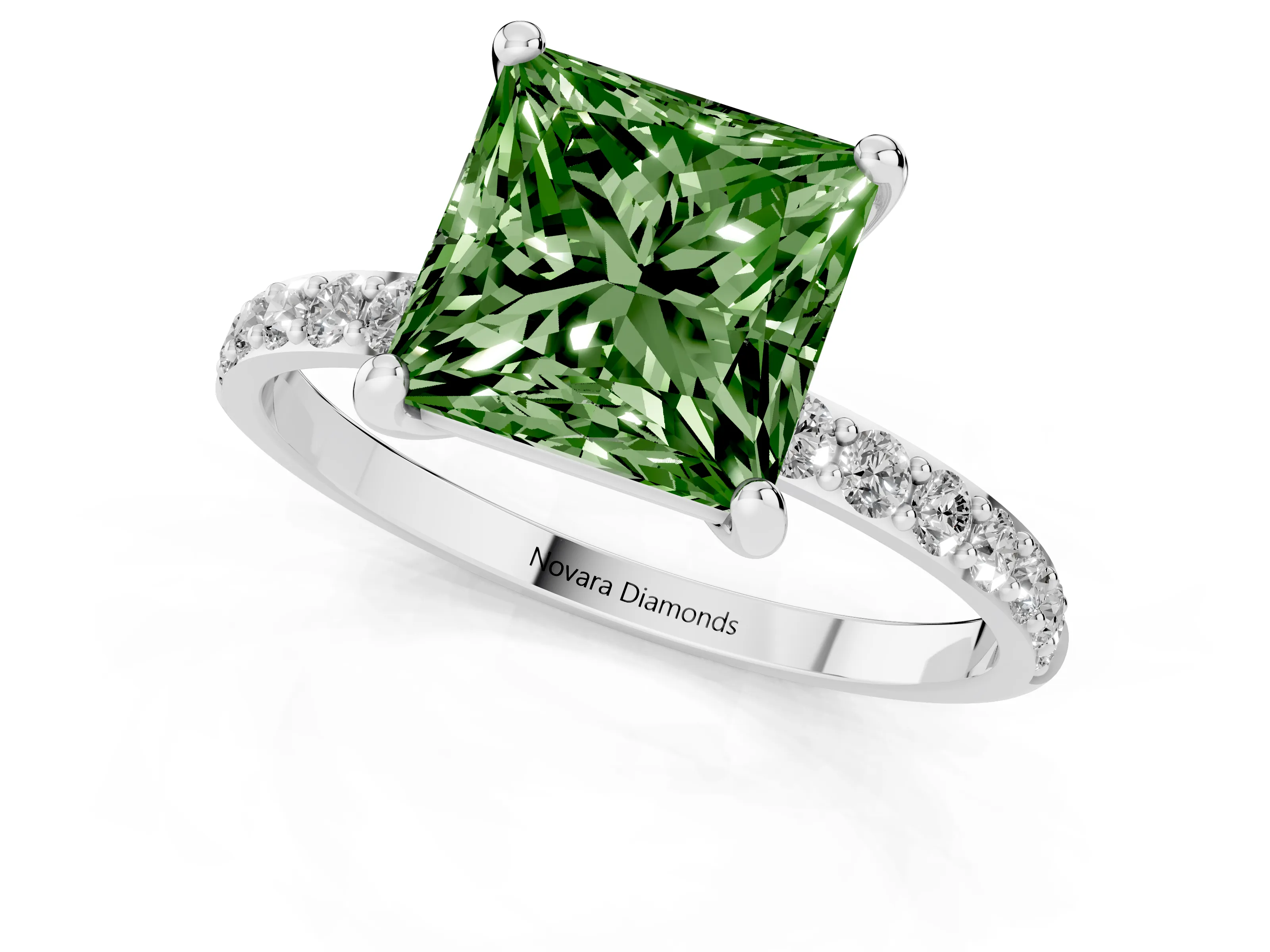 Fancy Green Princess Cut Diamond Solitaire Ring Set in White gold with Round Pavé Band and Prong Setting