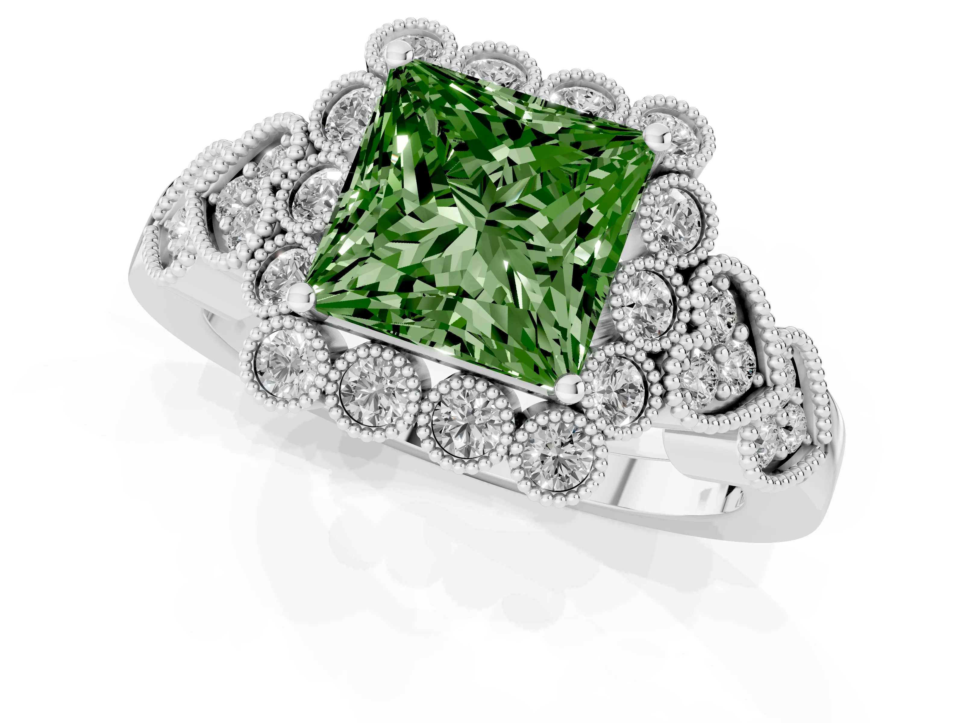 Fancy Green Princess Cut Diamond Solitaire Ring Set in Platinum with Milgrain Pavé Heart Band