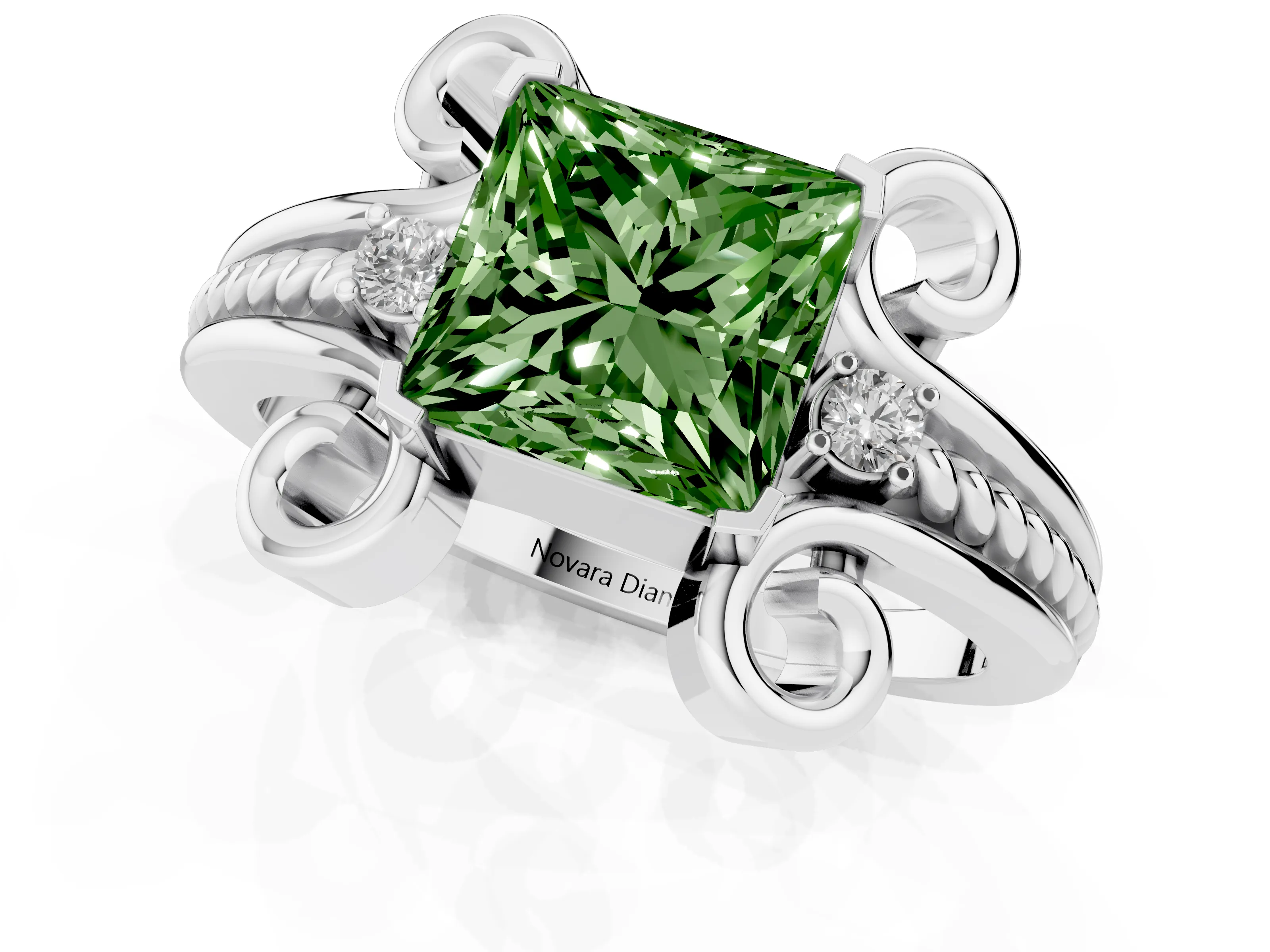 Fancy Green Princess Cut Diamond Twisted Band Solitaire Ring Set in Platinum with Scroll Prongs