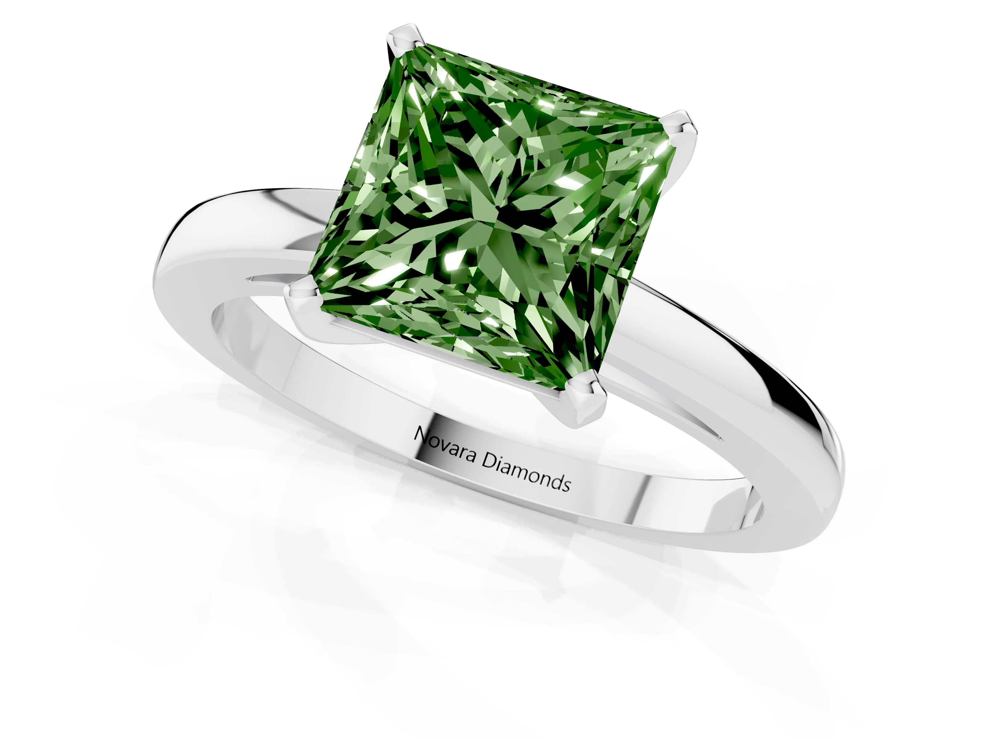 Fancy Green Princess Cut Diamond Solitaire Engagement Ring Set in White gold with Prong Setting on a Classic Band