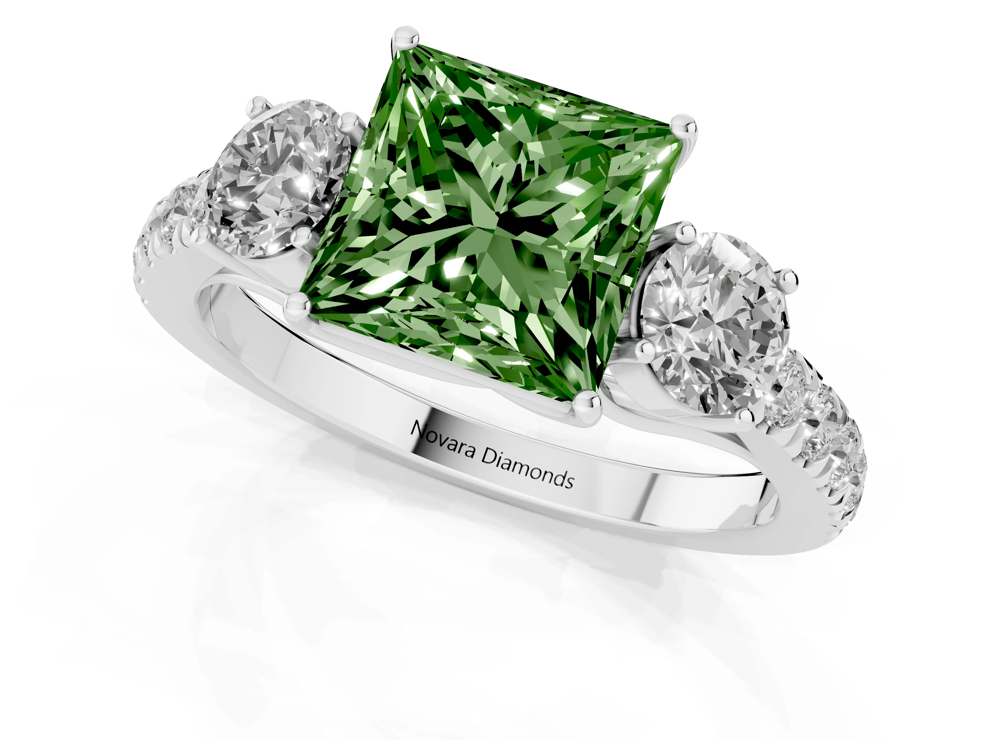 Fancy Green Princess Cut Diamond Three-Stone Ring Set in Silver with Round Side Stones and Delicate Pavé Band