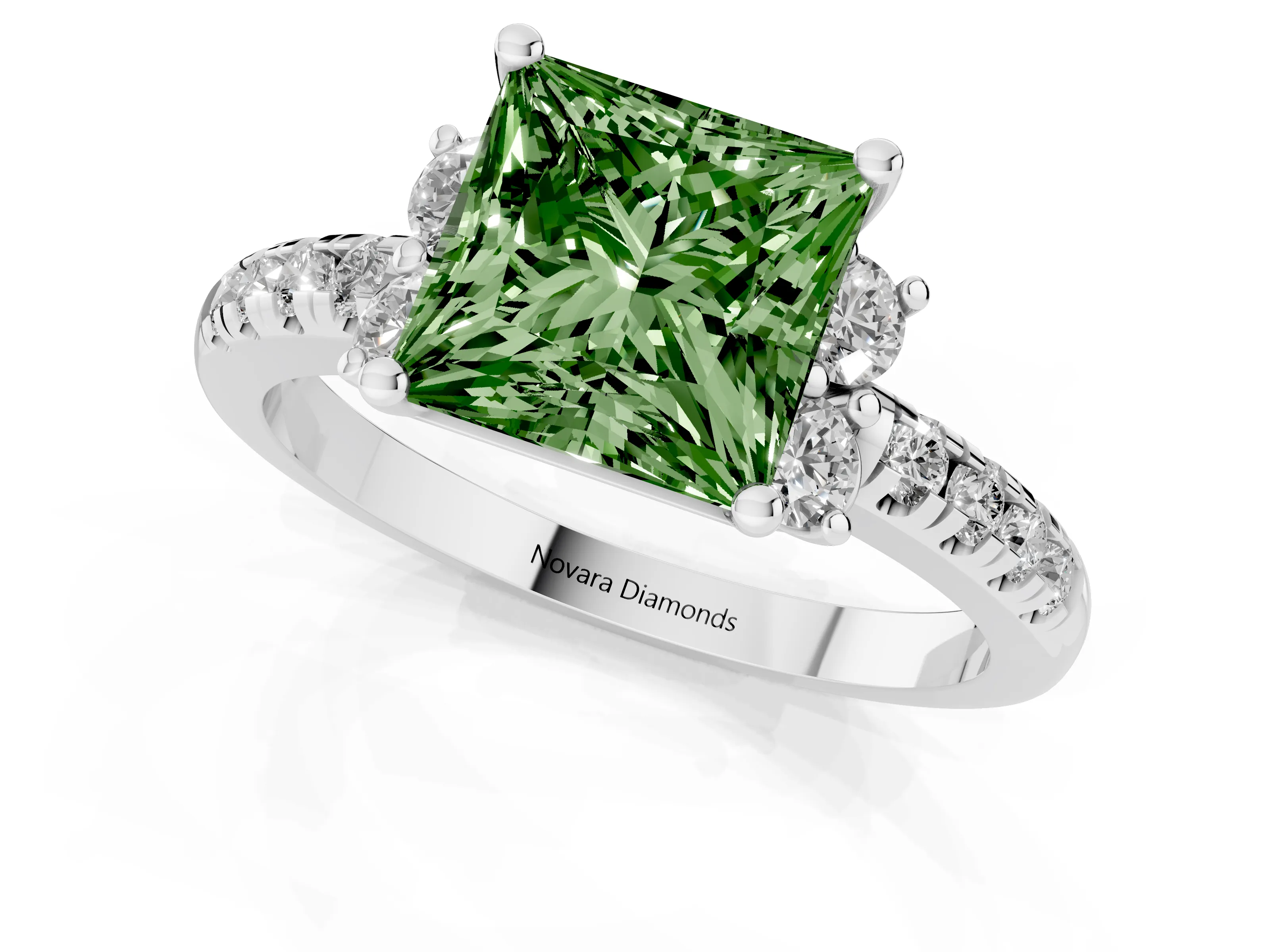 Fancy Green Princess Cut Diamond Three-Stone Pavé Ring Set in Platinum with Prong Setting
