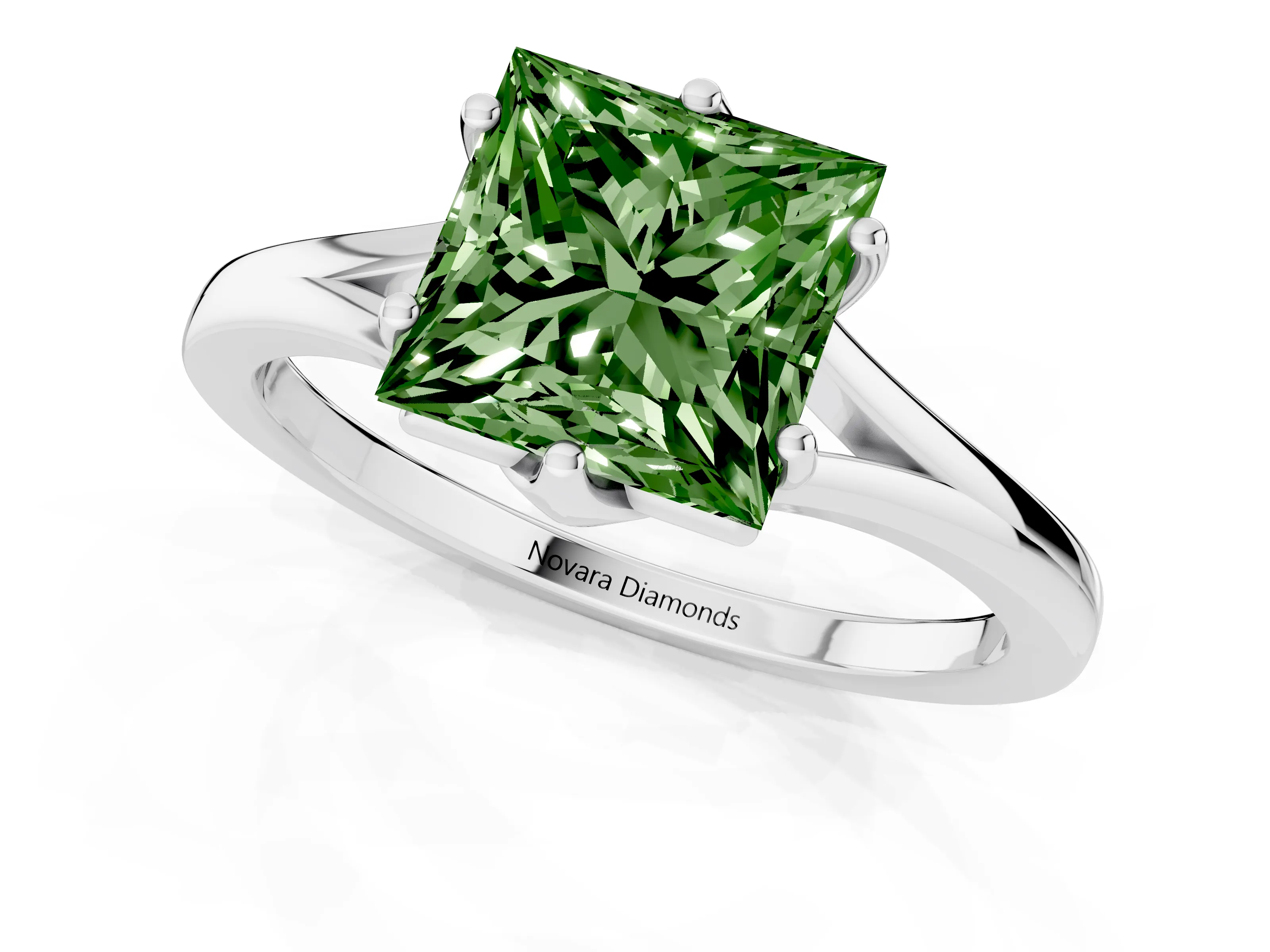 Fancy Green Princess Cut Diamond Solitaire Ring Set in White gold with Polished Tapered Band and Prong Setting