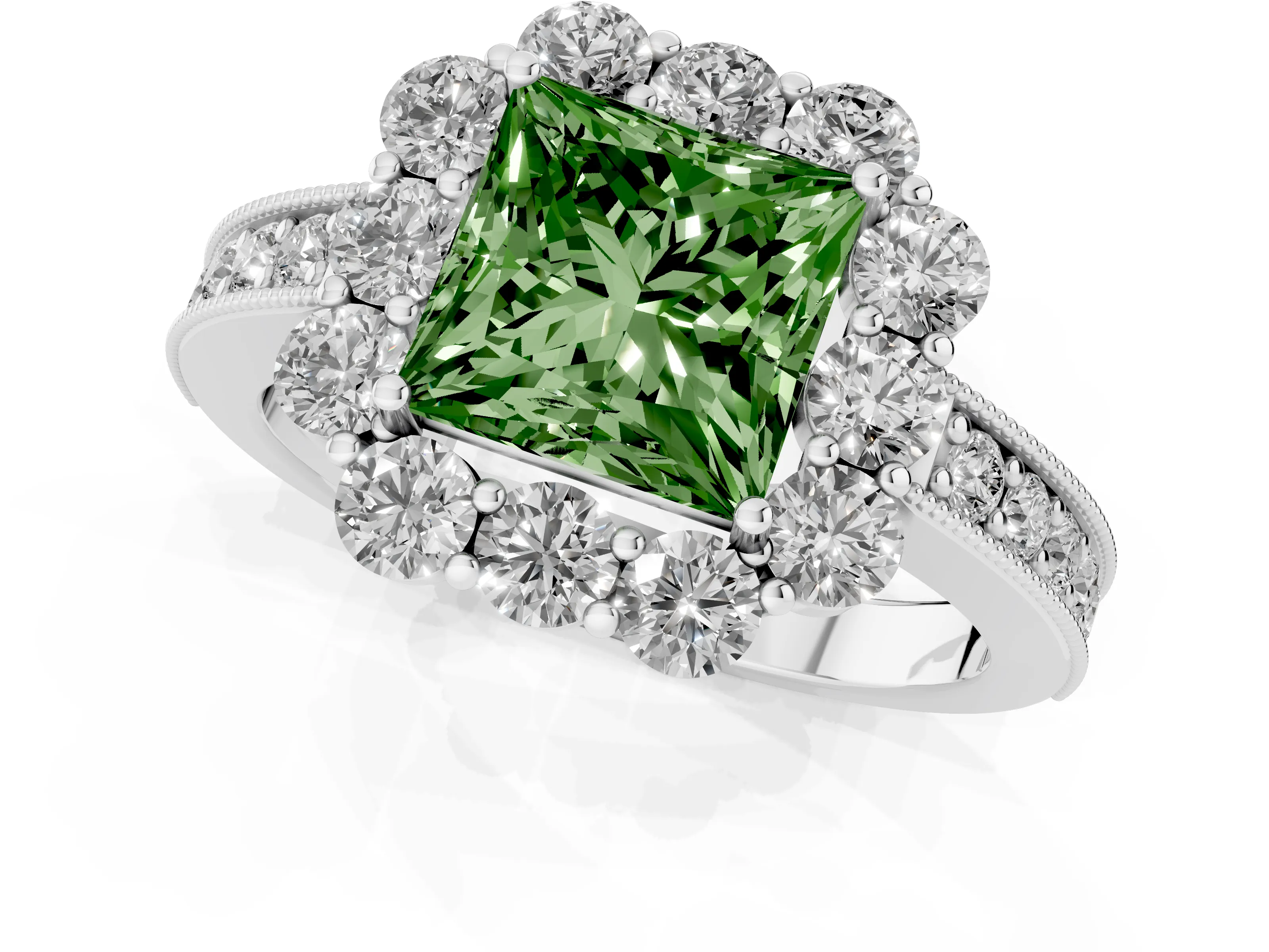 Fancy Green Princess Cut Diamond Halo Pavé Engagement Ring Set in White gold with Milgrain Detailing