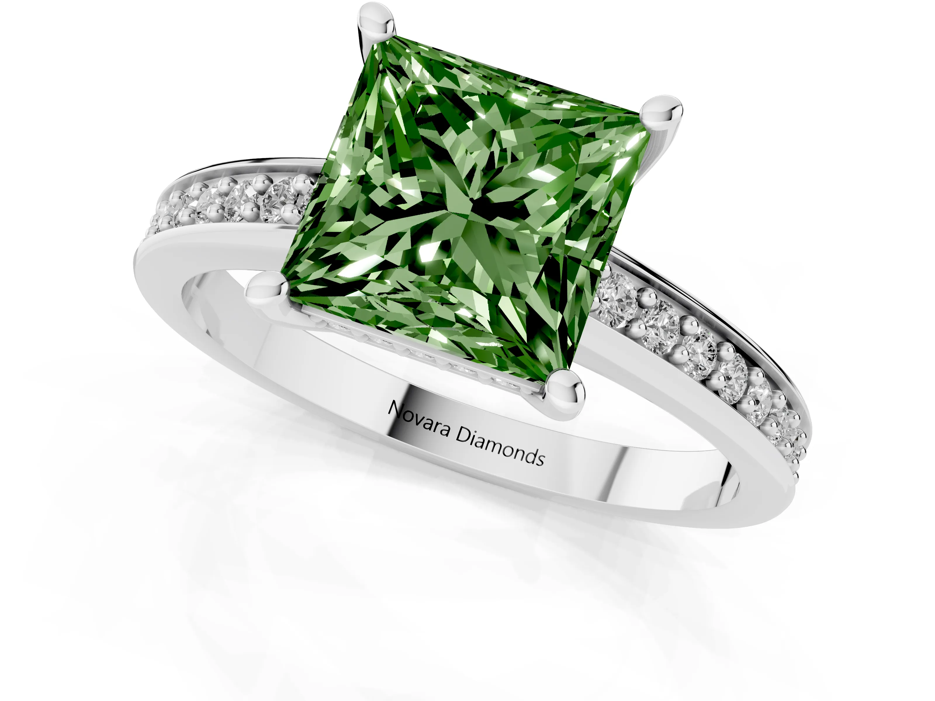 Fancy Green Princess Cut Diamond Pavé Band Prong Set Solitaire Ring Set in Silver