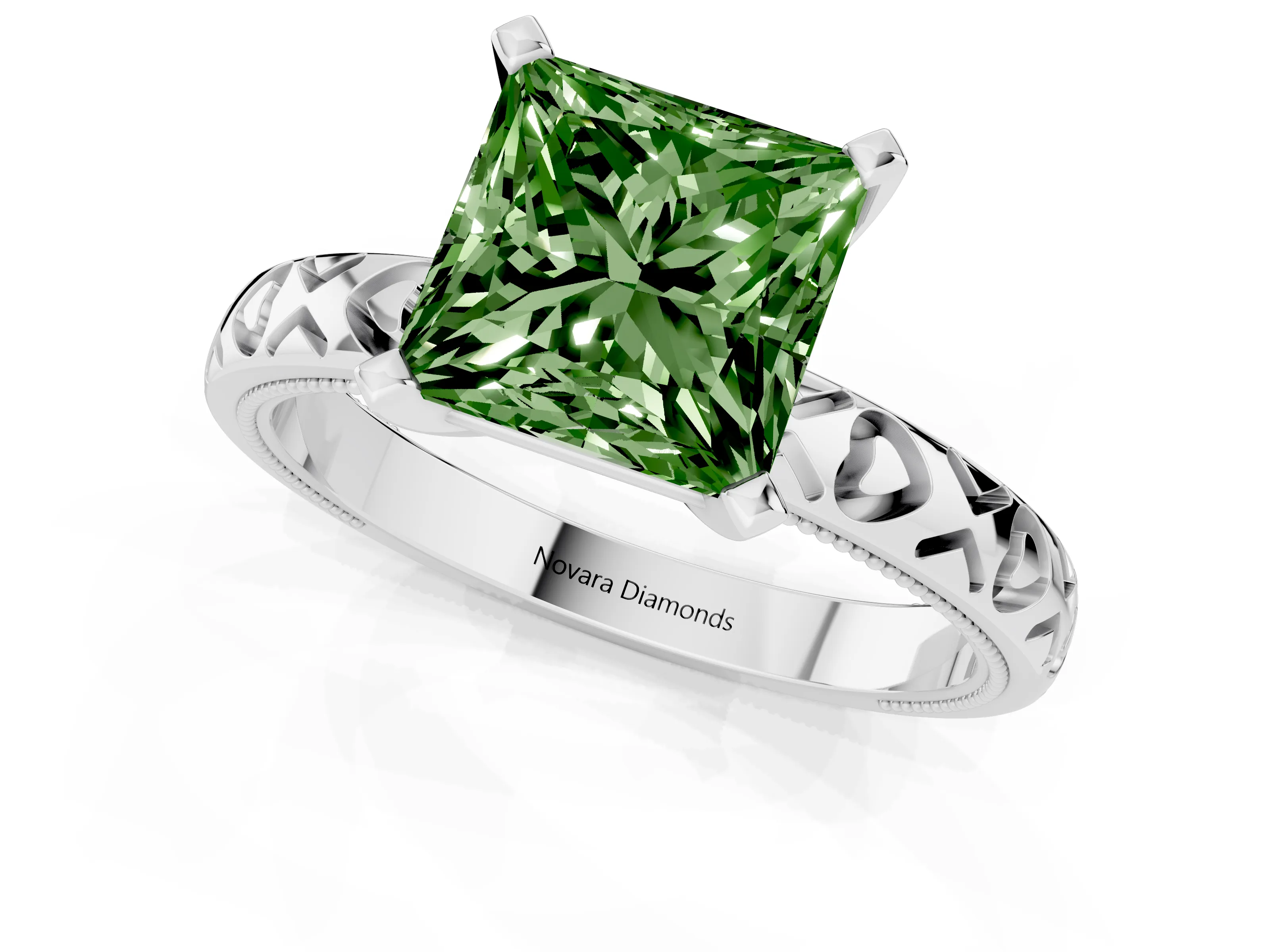 Fancy Green Princess Cut Diamond Solitaire Engagement Ring Set in White gold with XO Engraved Band and Prong Setting