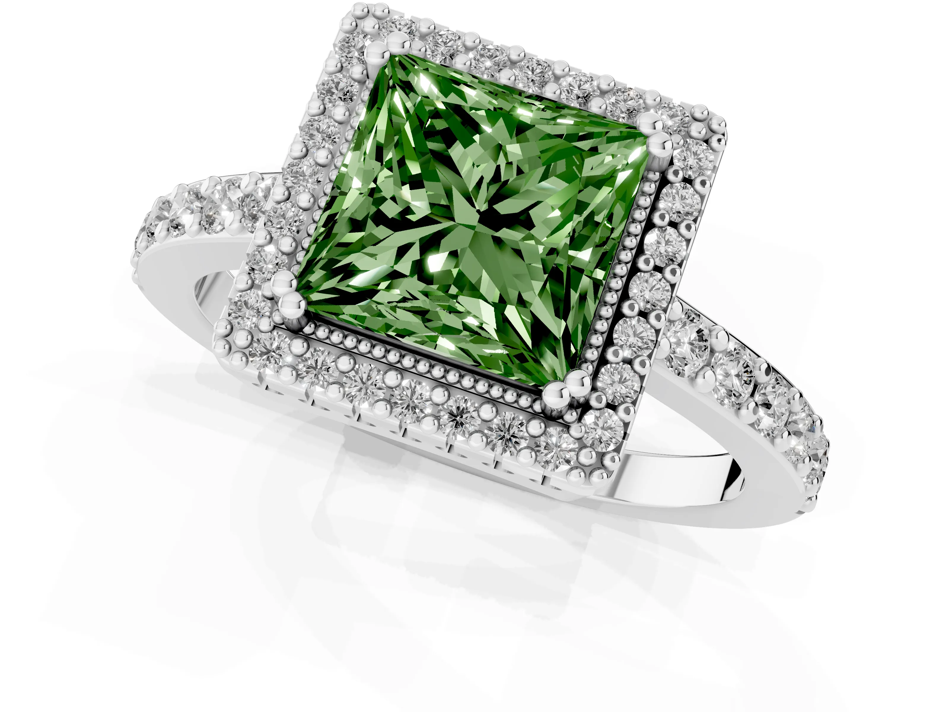 Fancy Green Princess Cut Diamond Halo Engagement Ring Set in White gold with Milgrain Detail and Pavé Band