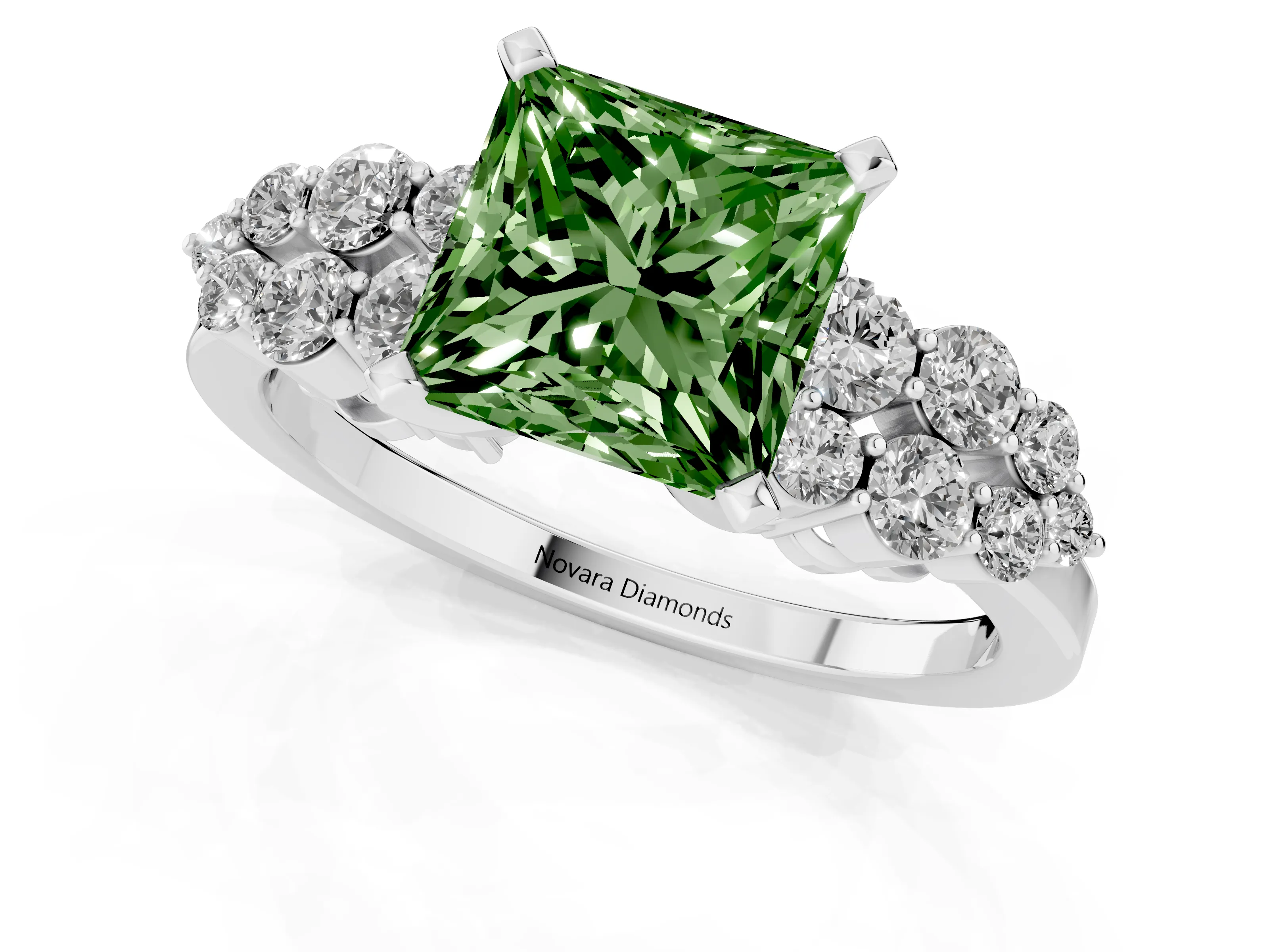 Fancy Green Princess Cut Diamond Cluster Engagement Ring Set in Platinum with Pavé Band and Prong Setting